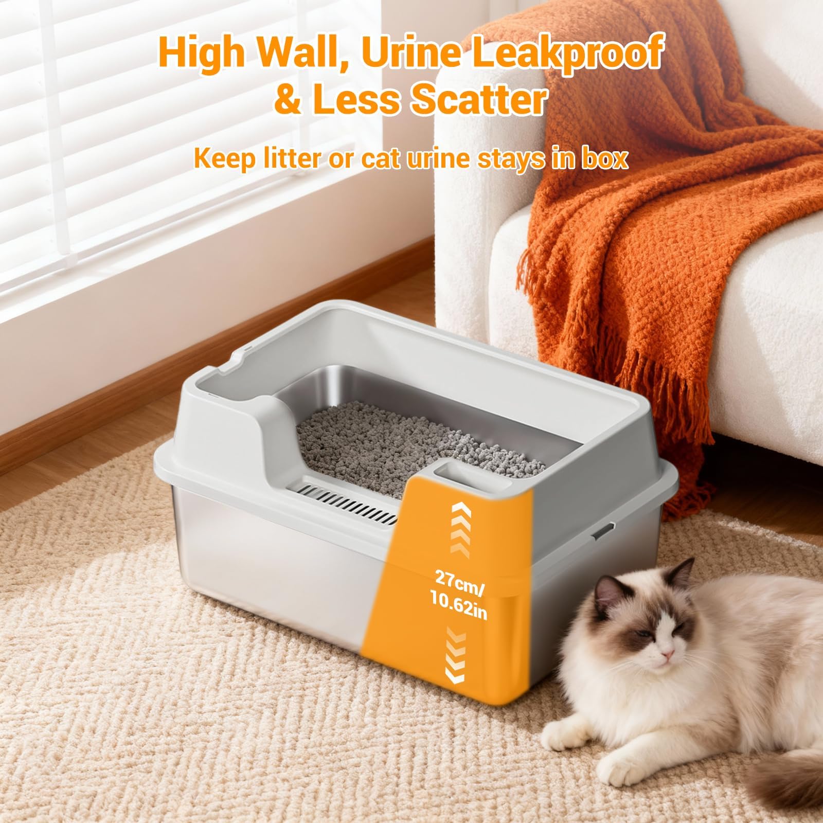 Garvee Large Stainless Steel Cat Litter Box, High Side Litter Box with Non-Stick, Scoop & Odor-Resistant, Metal Cat Pan for Multiple Cats, Rabbits & Small Pets, Easy to Clean, White