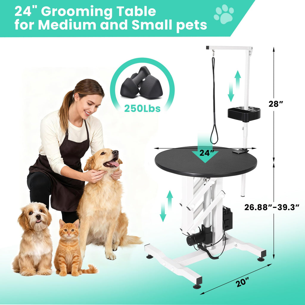 Garvee 24 Inch Electric Lift Dog Grooming Table, Portable Round Professional Pet Grooming Table with Adjustable Overhead Arms and Pedals, for Small and Medium Dogs at Home, Capacity 250 LBS