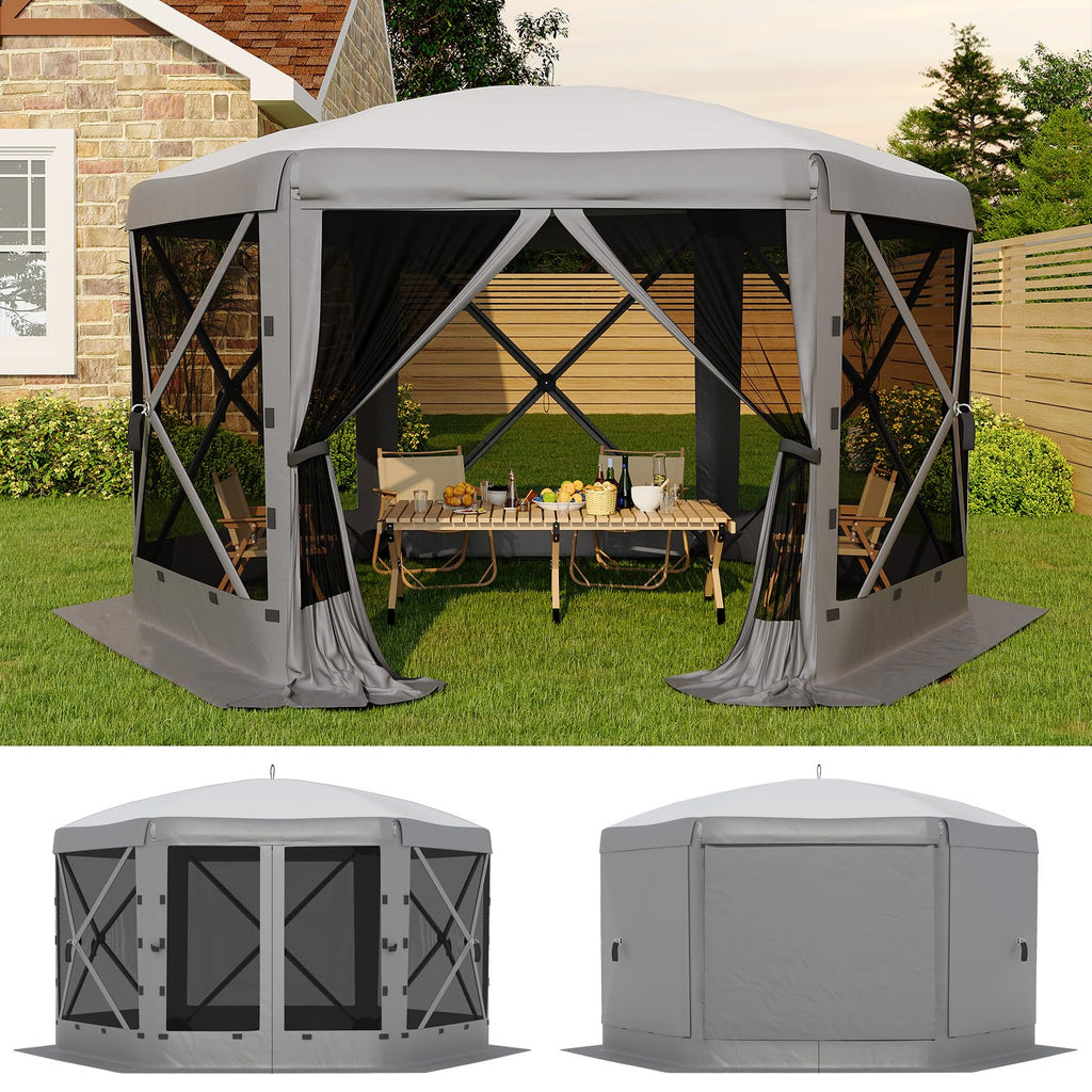Garvee 13 × 13 ft Screen Tent, Instant Pop-Up Outdoor Canopy with 6 Removable Wind Panels, Mesh Walls & Carry Bag for Camping, Backyard and Patio, Grey