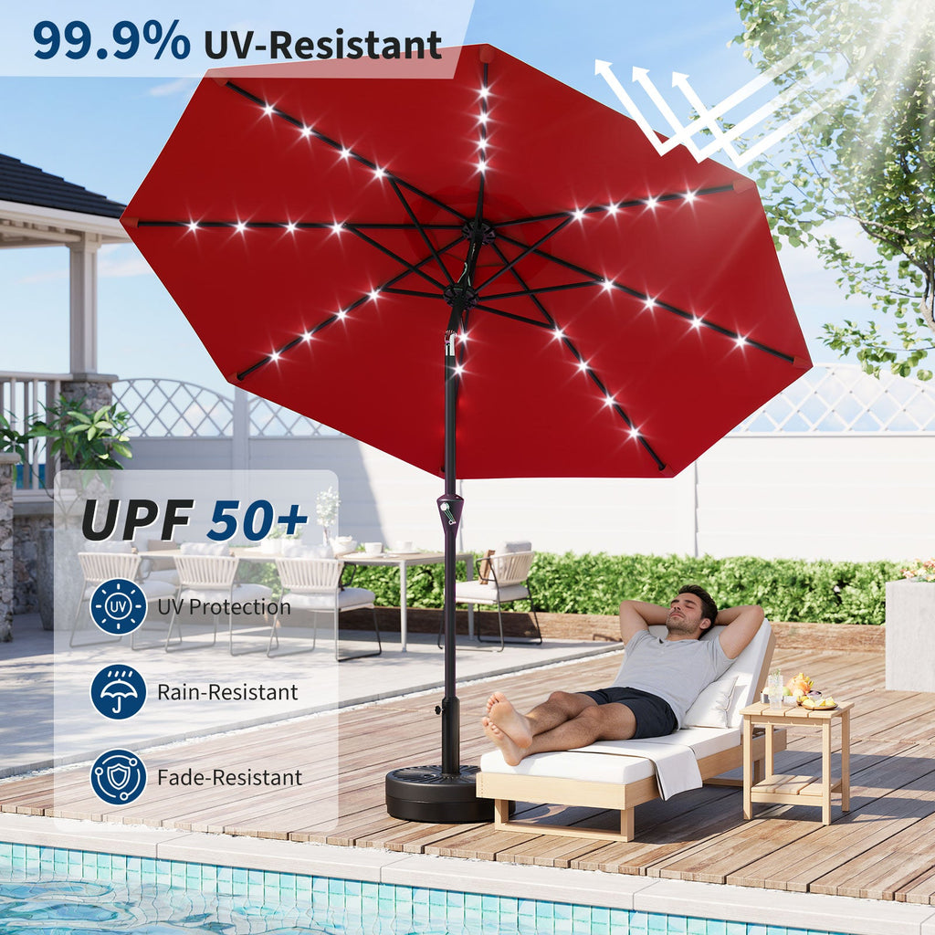 Garvee 9FT Solar LED Patio Umbrella, Waterproof Outdoor Market Table Umbrella with 8 Ribs, Crank Lift, Push Button Tilt, UV Protection for Garden, Pool & Deck, Red