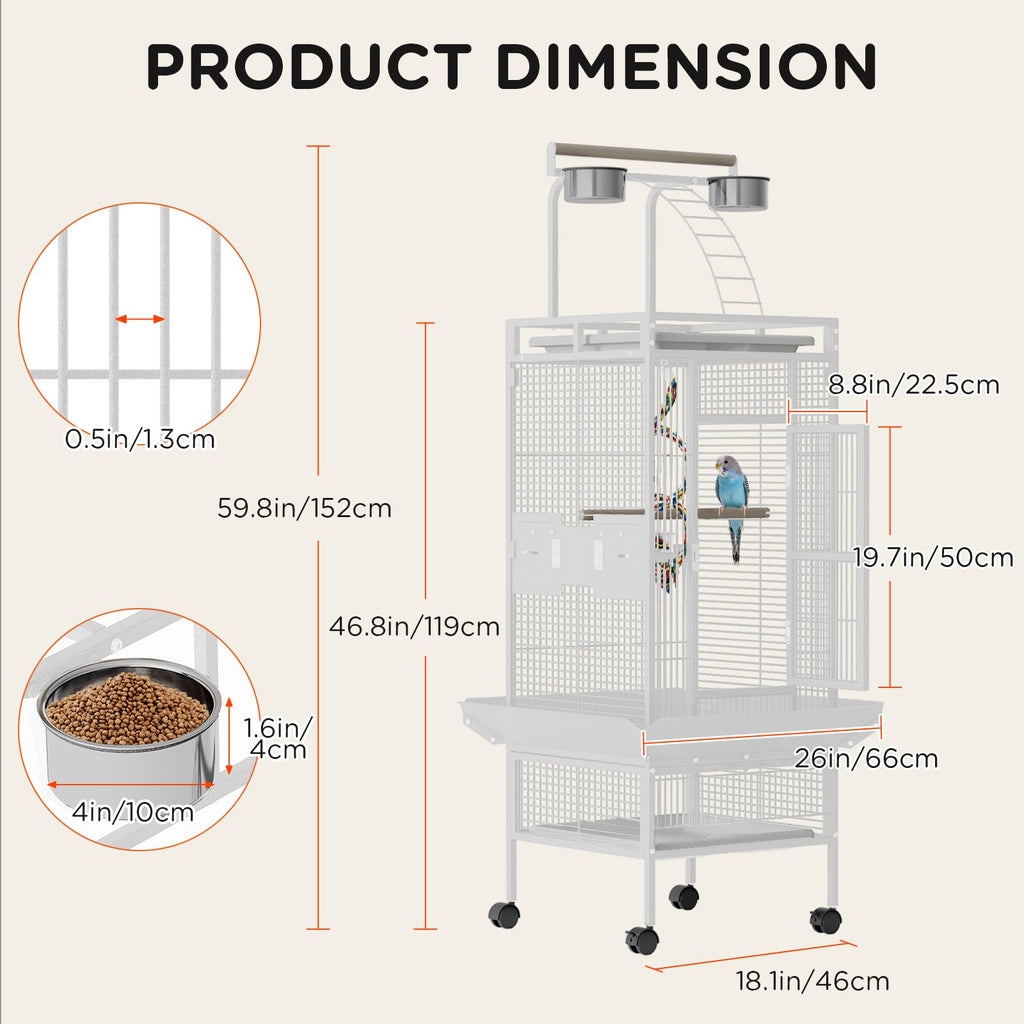 Garvee 60 Inch Wrought Iron Bird Cage with Play Top & Rolling Stand - 4 Stainless Steel Bowls, Secure Lock, Easy-Clean Tray - Spacious Metal Parrot Cage for African Grey, Cockatiel, Conure, Budgie, Lovebird - White