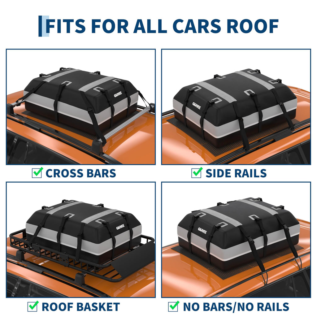 Garvee Waterproof Car Rooftop Cargo Carrier Bag 15 Cubic Feet – Secure Soft Shell Roof Luggage Storage for All Vehicles – Includes Combination Lock, 6 Door Hooks, 2 Ratchet Straps, Anti-Slip Mat – Size 112x86x43cm – Color: 15CUFT, Mat: 120x89cm, Straps: