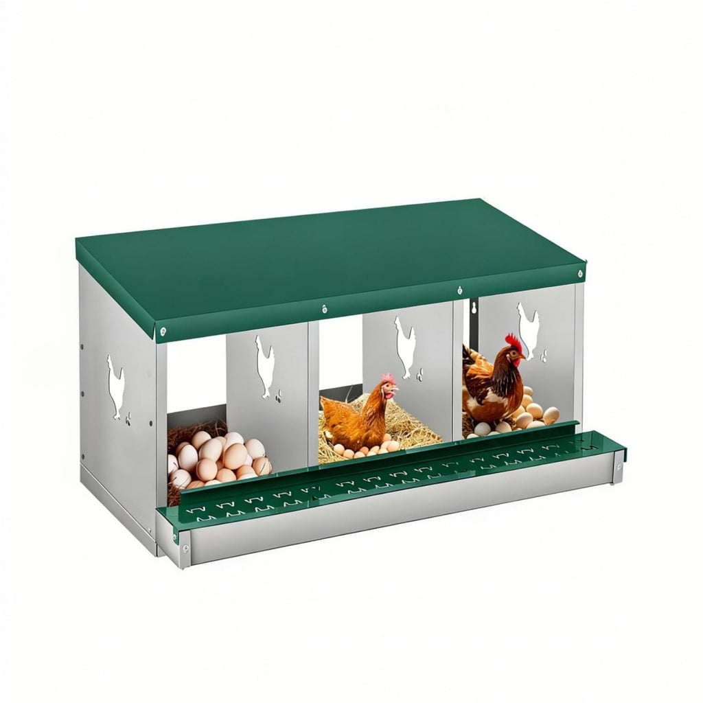 Garvee Chicken Nesting Box, 3 Room Galvanized Steel Laying Boxes, Metal Nesting Boxes for Hens with 10 Pads & 4 Fake Eggs, Easy Egg Collection, Vented Holes Poultry Nest for Chicken Coop, Green