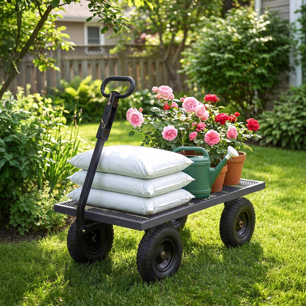 Garvee 1000LBS Heavy Duty Steel Garden Cart Wagon with 13" Pneumatic Tires, Removable Mesh Sides & Rotating Handle, Outdoor Utility Wagon for Garden, Lawn, Yard & Farm, Gray