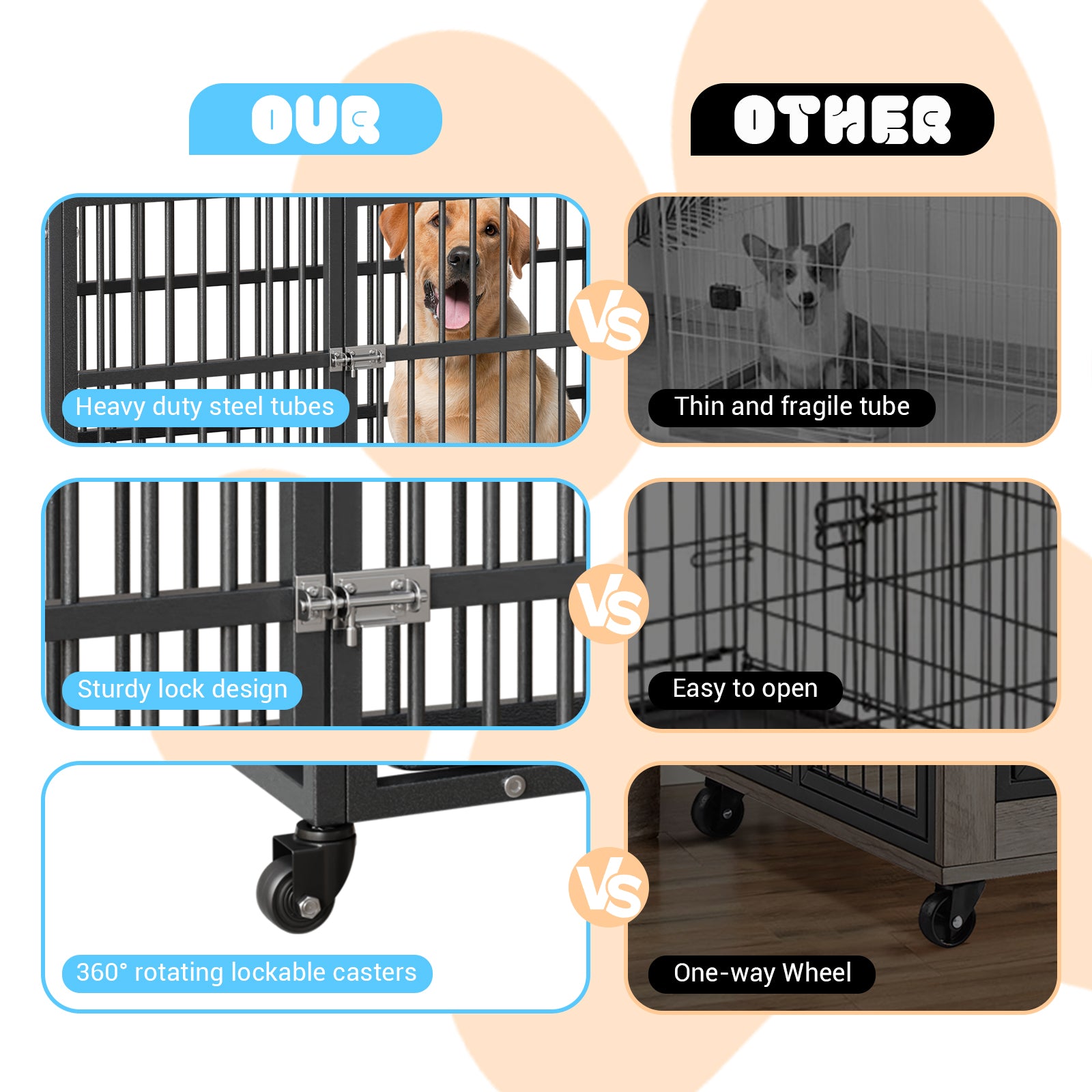 Garvee 52-Inch Escape-Proof Dog Crate, Indestructible Steel Dog Kennel with Locking Wheels, Anxiety Relief Pet Cage for Medium/Large Dogs, Indoor/Outdoor Use