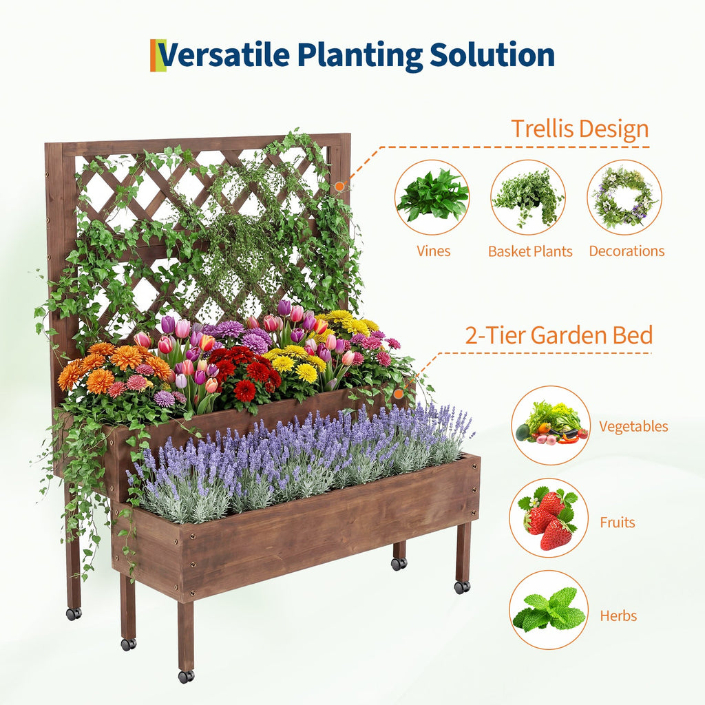 Garvee Raised Garden Bed with Trellis, 2-Tier Brown Wooden Planter on Wheels with Legs and Drainage Holes for Patio, Balcony and Backyard Gardening