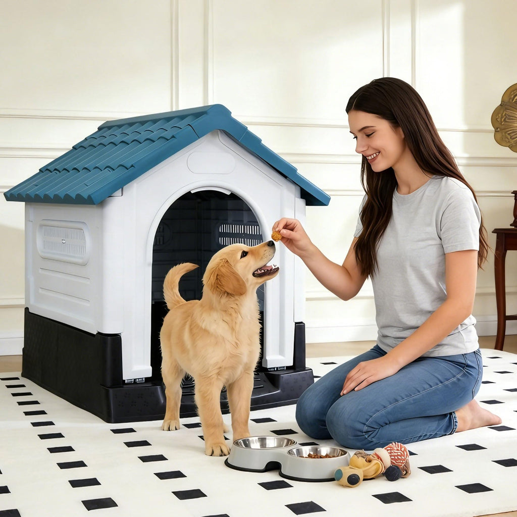 Garvee Large Dog House Outdoor with Air Vents and Elevated Floor for Medium Large Dogs, Plastic Waterproof Doghouse Sloping Roof, Easy Clean and Assemble, Blue