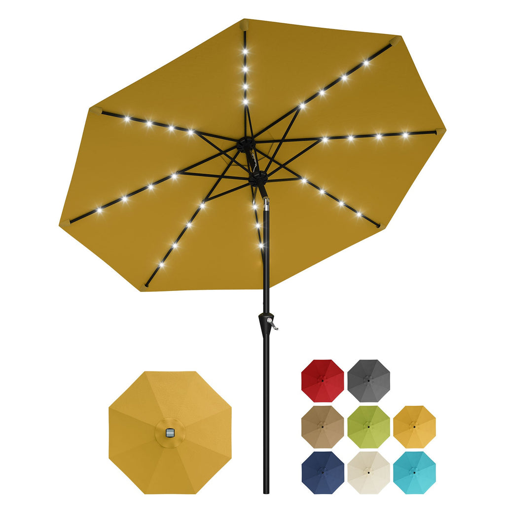 Garvee 9FT Solar LED Patio Umbrella, Waterproof Outdoor Market Table Umbrella with 8 Ribs, Crank Lift, Push Button Tilt, UV Protection for Garden, Pool & Deck, Yellow