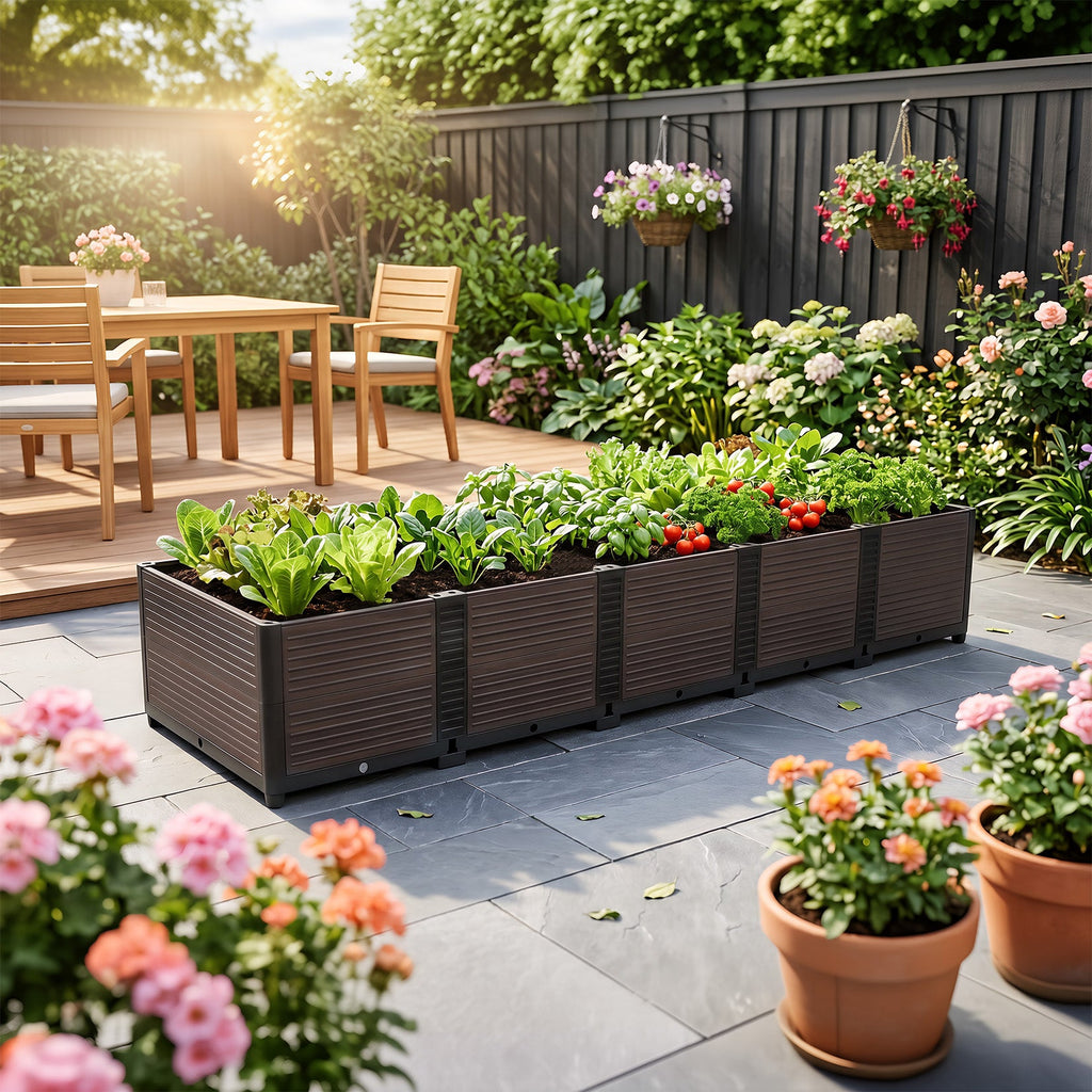 Garvee Modular Raised Garden Bed for Patio and Balcony, 5-Unit PP Self-Watering Planter with Legs and Drainage Plugs, Black and Brown