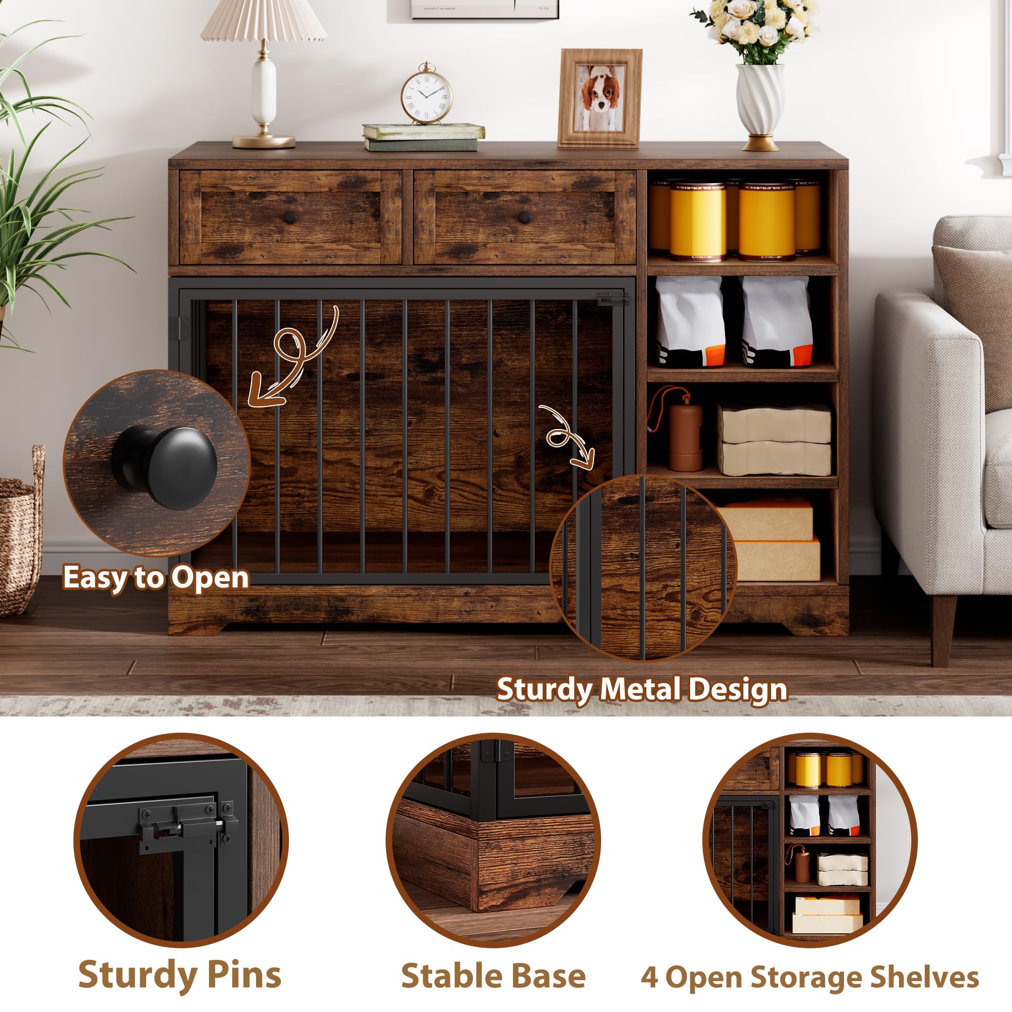 Garvee 47" Dog Crate Furniture Indoor with 2 Drawers & 4 Shelves, Large Dogs Kennel Furniture TV Stand, Wooden Dog Cage for Large Medium Dogs, Brown