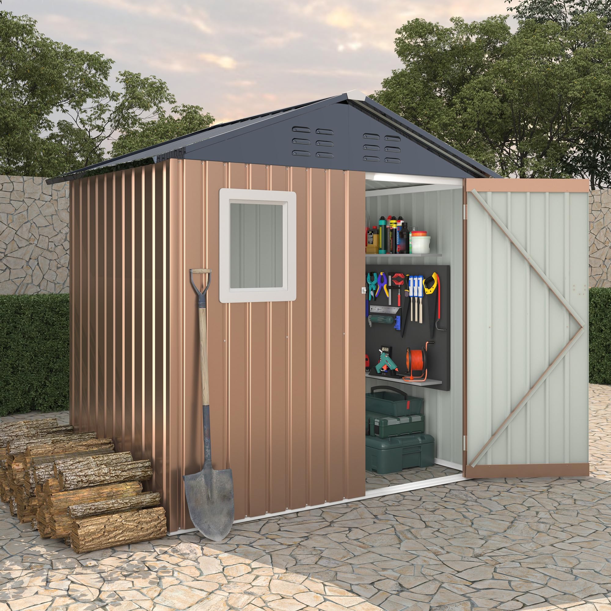 Garvee Outdoor Storage Shed, 6' × 4' Galvanized Steel Tool Shed with Window, Lockable Door, Air Vents, 27.95 Sq. Ft., 55–63 MPH Wind Rating, Brown