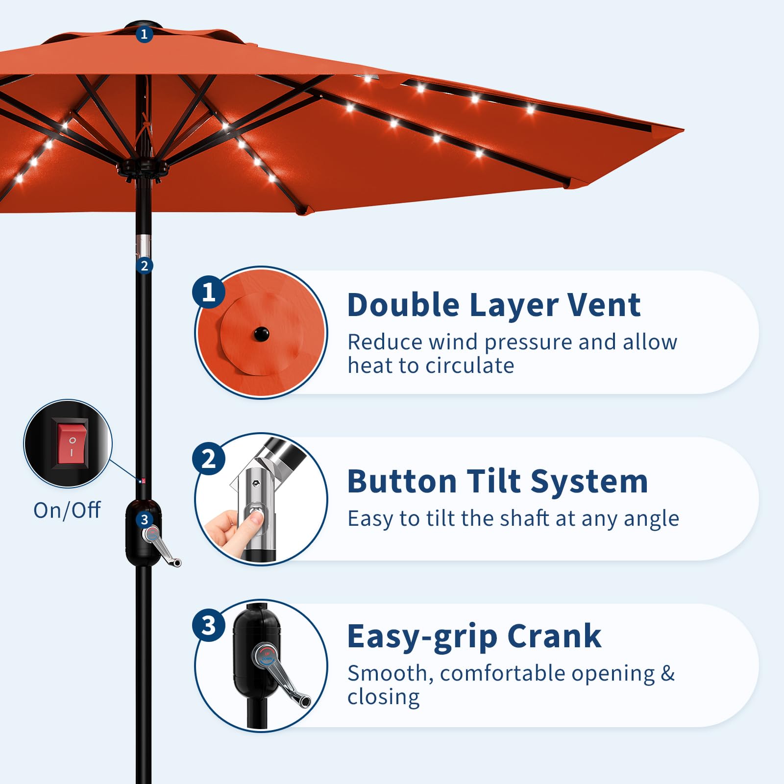 Garvee 9FT Solar LED Patio Umbrella with 32 Lights, Tilt & Crank Outdoor Market Umbrella, UV & Water Resistant, 8 Ribs Sunshade for Garden, Deck, Pool & Table, Orange
