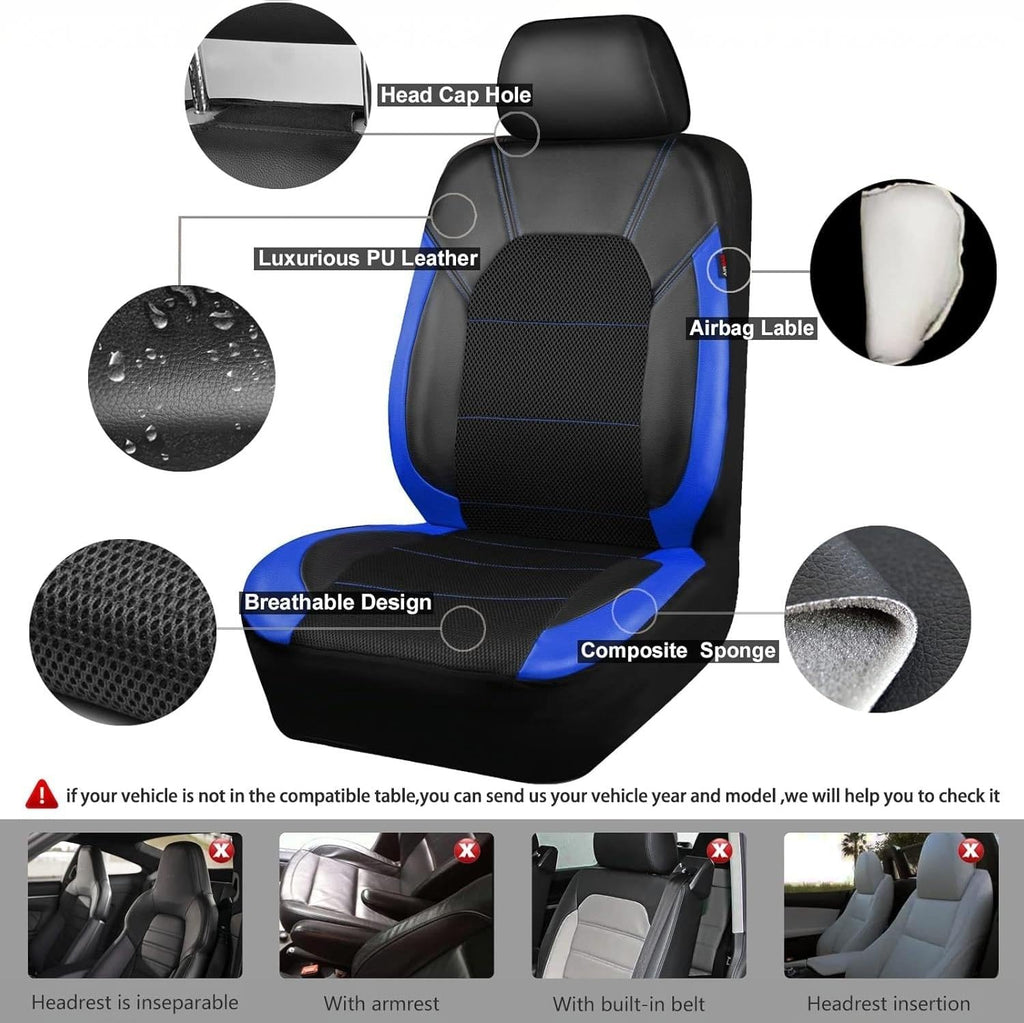 Garvee Global 9-Piece PU Leather Car Seat Cover Set – Full Coverage, Waterproof, Breathable, Non-Slip, Safety Cushion Compatible, Easy Installation – Fits Auto, Ford, Audi, Toyota, Motorhomes, Includes Headrest Covers – Blue