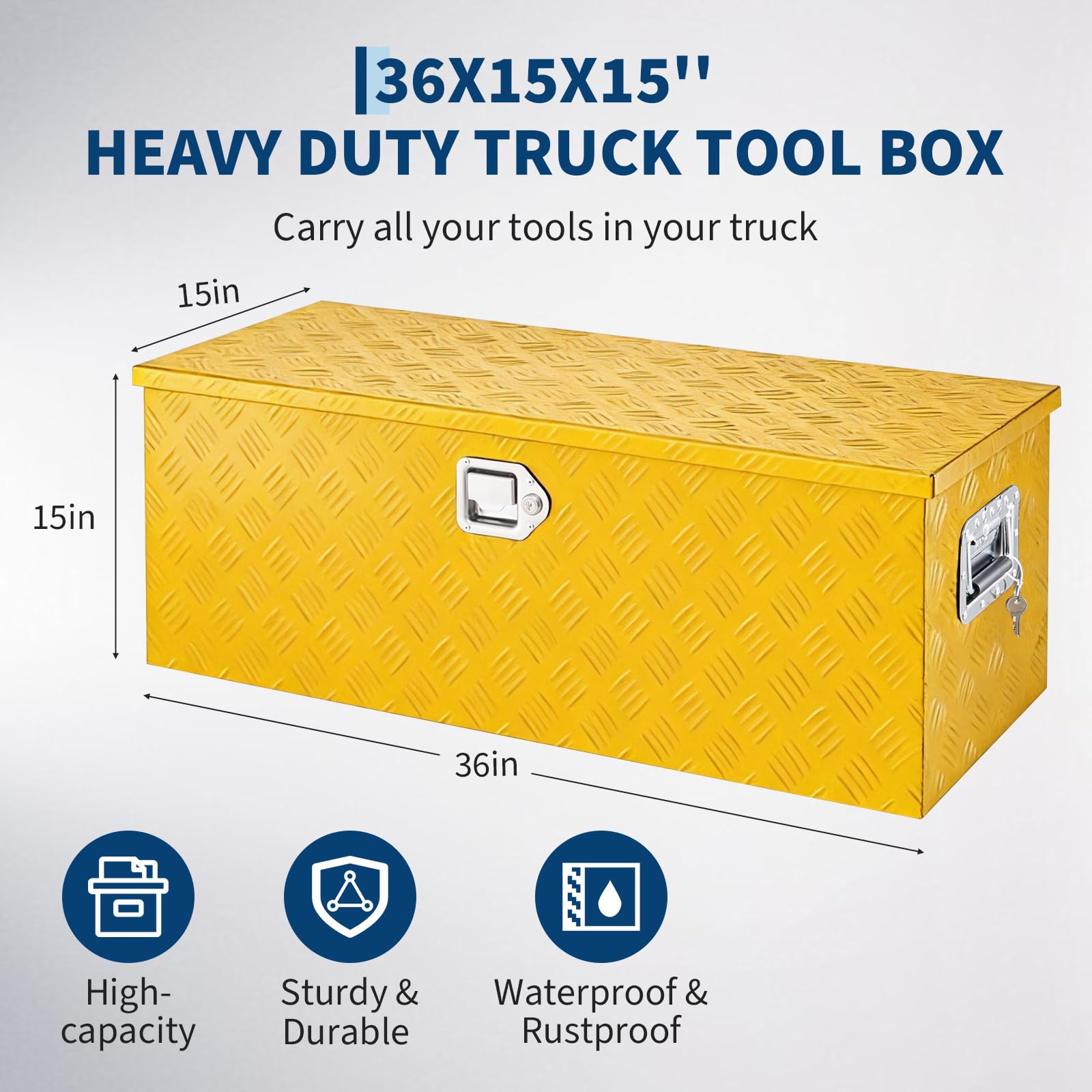 Garvee 36"x15"x15" Aluminum Truck Bed Tool Box, Weatherproof Storage Chest with Lock & Keys, Side Handles, Gas Strut Lid, Large-Capacity Heavy-Duty Organizer for Pickup, Trailer, and RV, Yellow