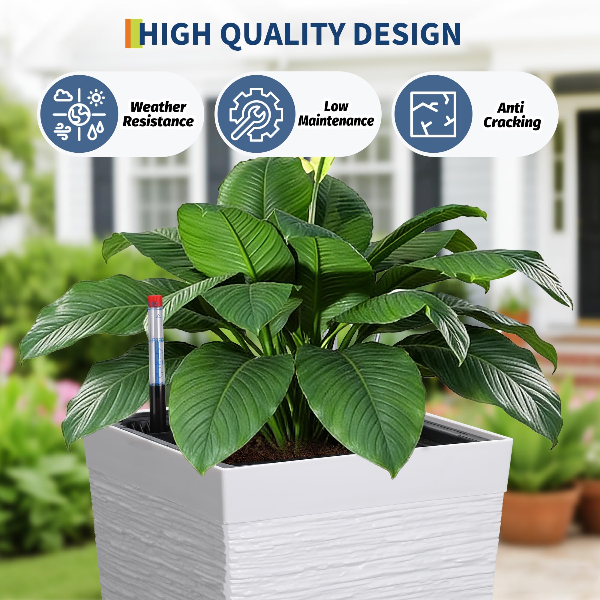 Garvee Self Watering Tall Planters Set of 2, 22.5" Front Porch Planter Pots with 11.7" Opening, Water Level Monitor & Drainage Holes for Indoor Outdoor Plants, White