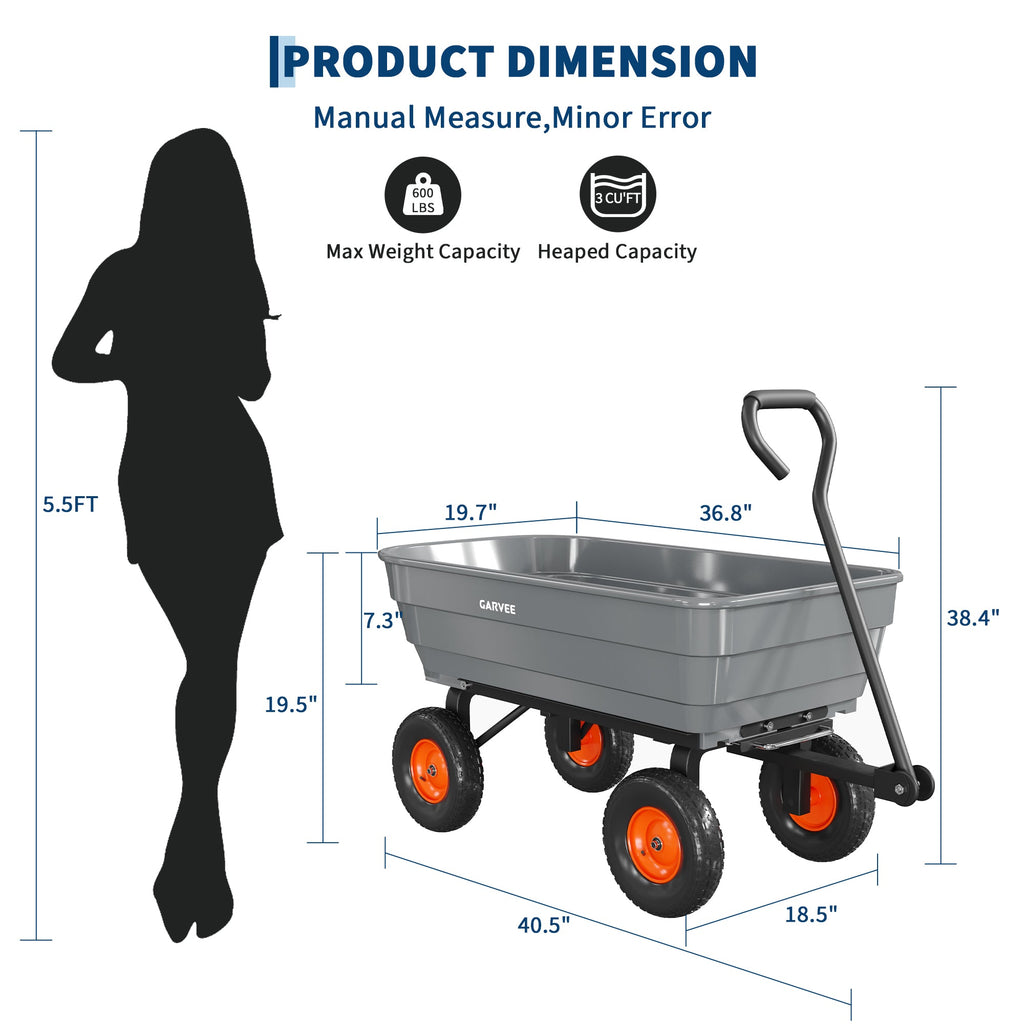 Garvee Garden Dump Cart 600 lb Capacity, 10" All-Terrain Wheel Utility Wagon with Steel Frame, Poly Bed, Quick-Release Dump & 180° Handle, Gray/Orange