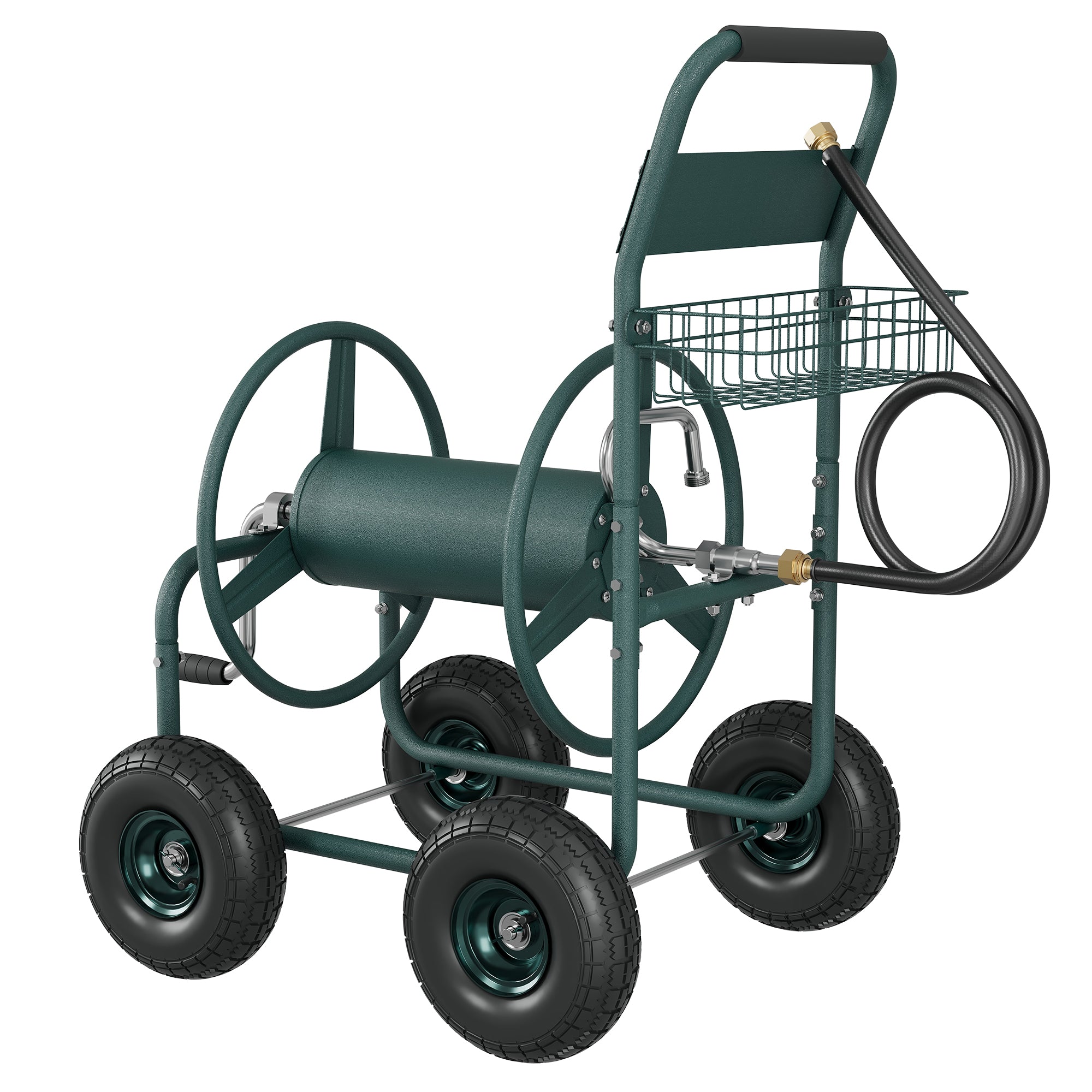 Garvee Garden Hose Reel Cart, 300 FT Capacity, 4 Pneumatic Wheels, 32" × 24" × 38.2" Steel Cart with Storage Basket for Large Yards, Green