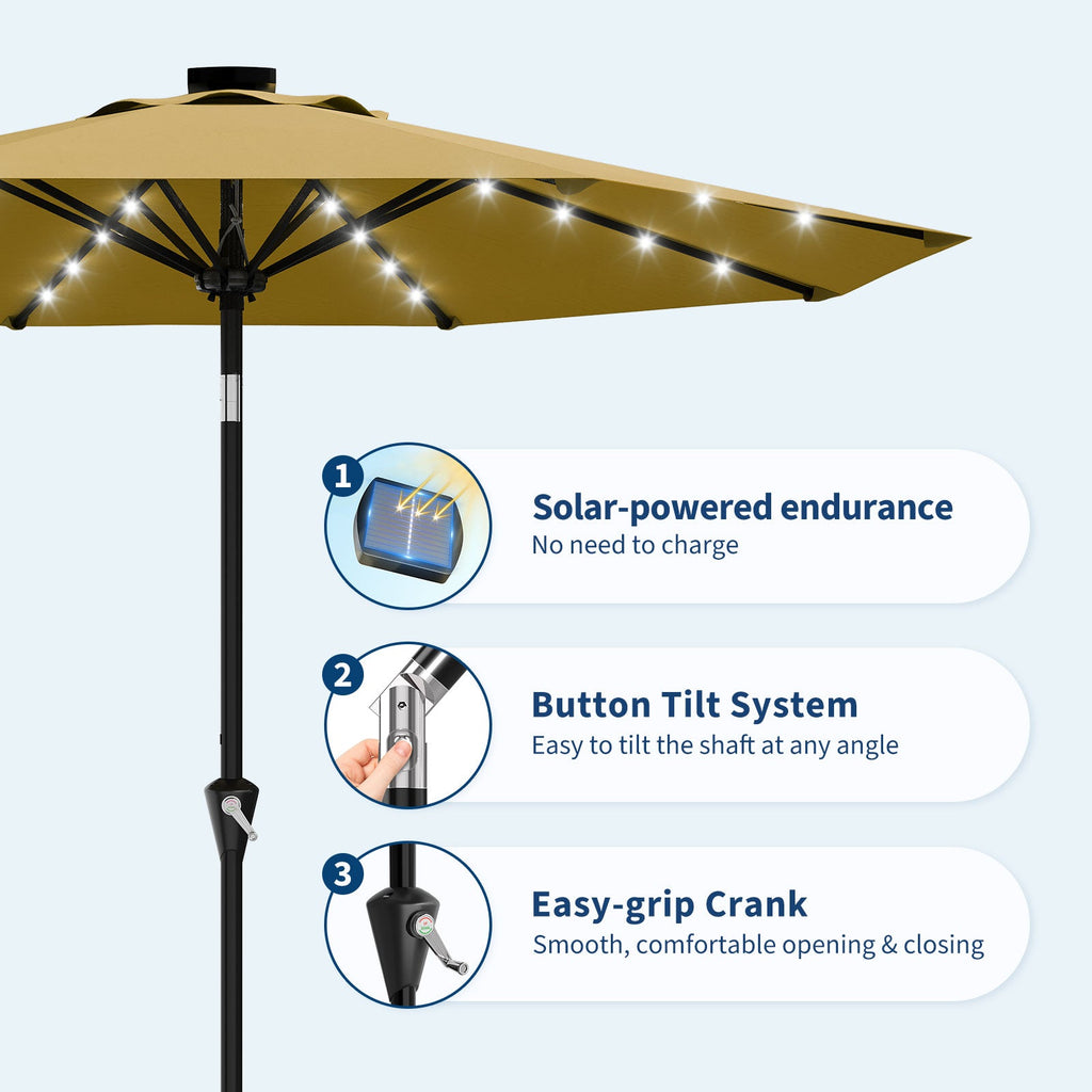 Garvee 9FT Solar LED Patio Umbrella, Waterproof Outdoor Market Table Umbrella with 8 Ribs, Crank Lift, Push Button Tilt, UV Protection for Garden, Pool & Deck, Yellow