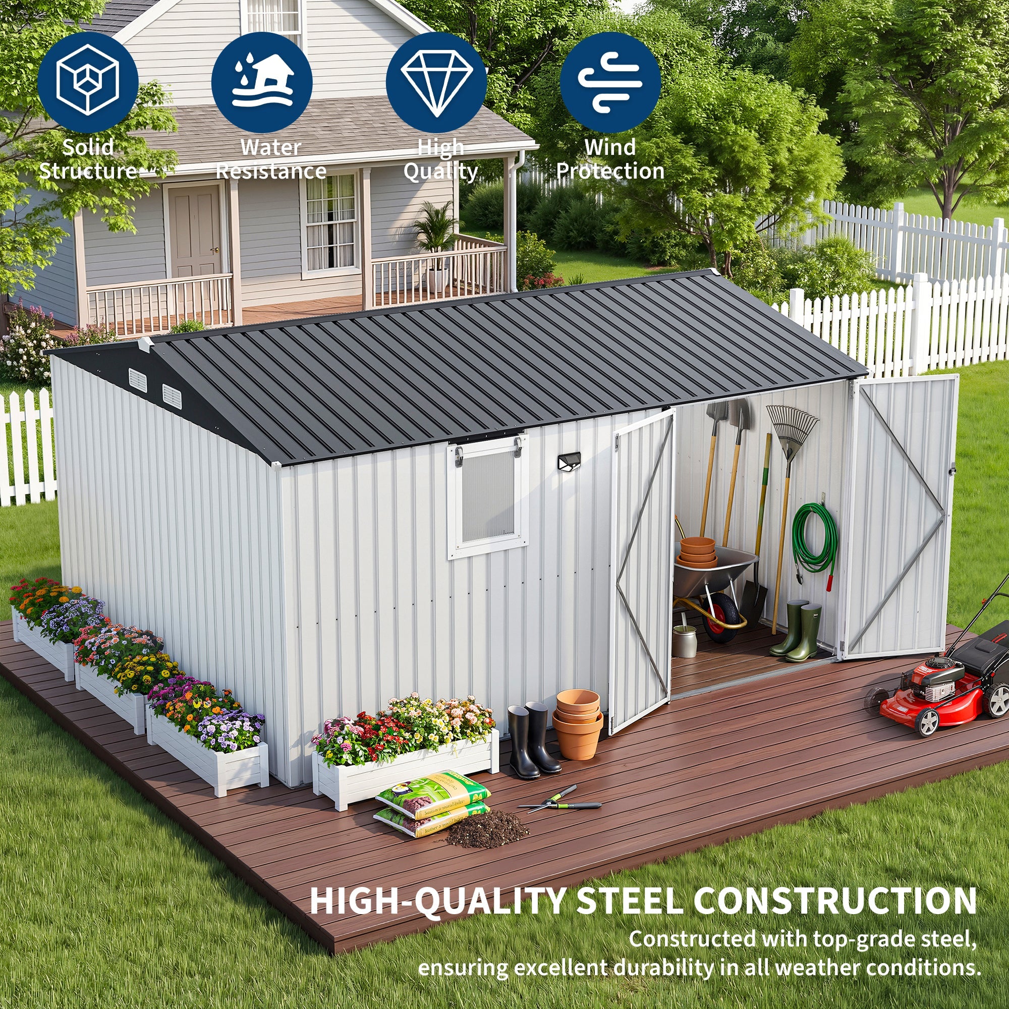 Garvee Outdoor Storage Shed, Metal Storage Cabinet with Lockable Doors & Windows, Heavy-Duty Backyard Storage Unit for Patio, Lawn & Garden