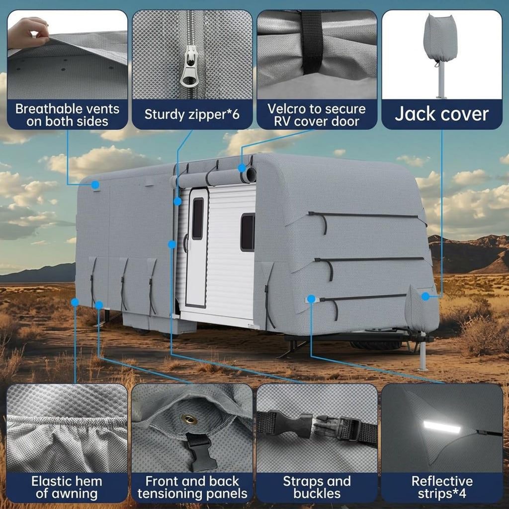 Garvee 33-35FT Heavy-Duty Trailer Cover for Campers, 4-Ply Oxford RV Cover with Waterproof Roof, Breathable Side Vents, UV Protection, Tie-Down Straps, Zipper Access, Tire Covers, and Storage Bag, Grey