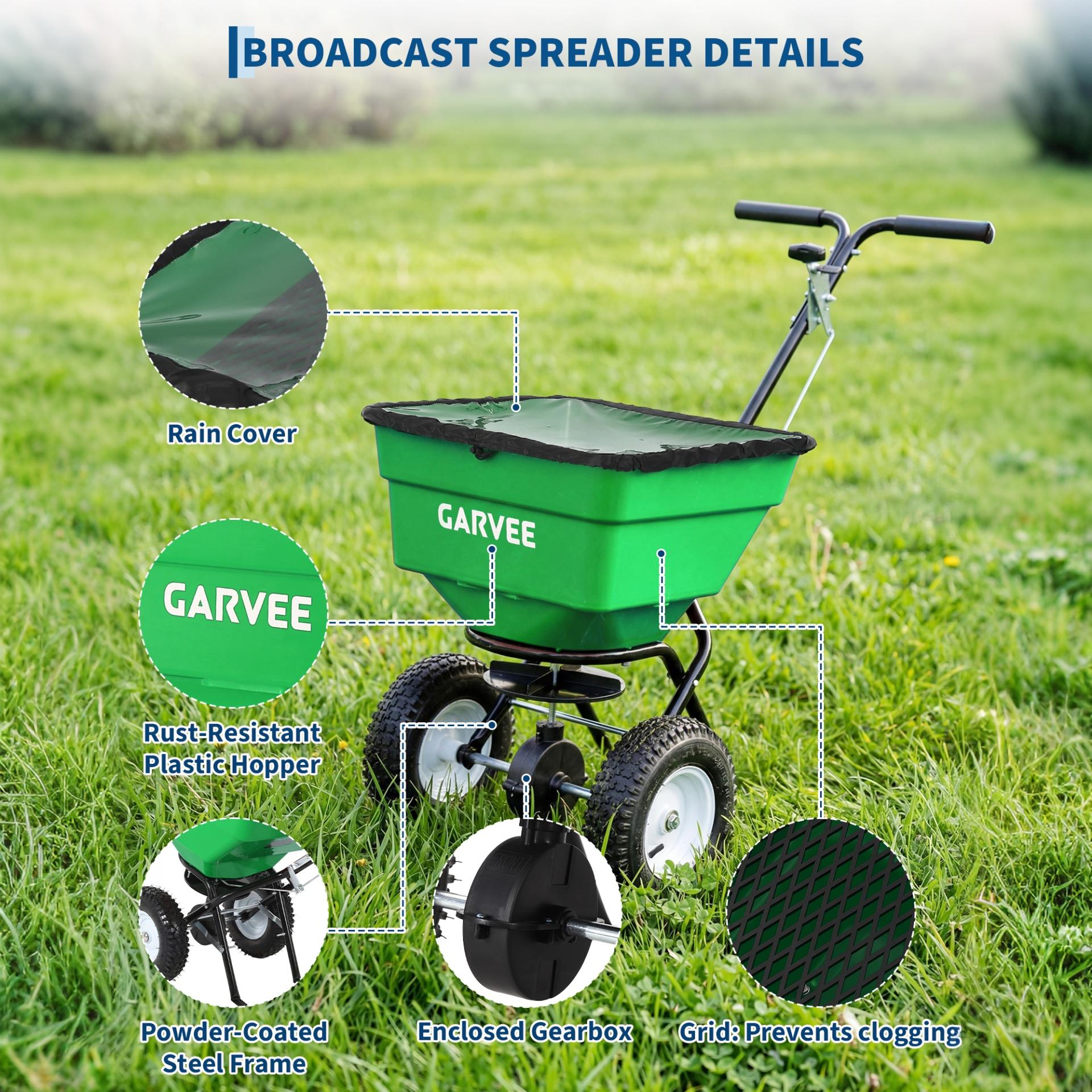Garvee 100 lb Push Broadcast Spreader, T-Handle Walk-Behind Lawn & Garden Fertilizer Spreader with 58 L Hopper, 0–12 ft Coverage, 13" All-Terrain Wheels & 20-Level Flow Control for Seed, Fertilizer, Salt & Ice Melt, Green/Black