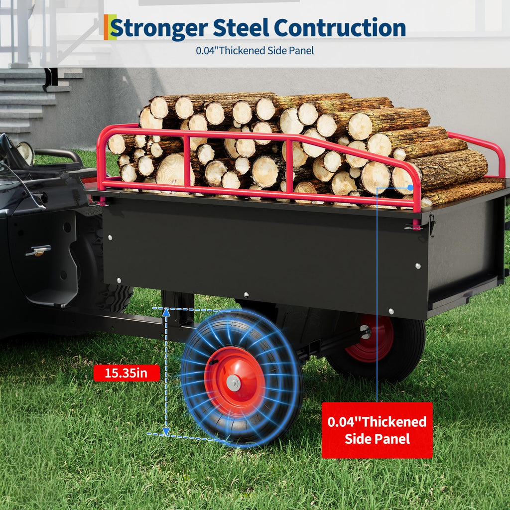 Garvee 750 LB Tow-Behind Steel Dump Cart, 15 Cu. Ft. Garden Wagon with 42.9 x 29.5 in Bed, Removable Rails & 15.35 in Tires, Black/Red