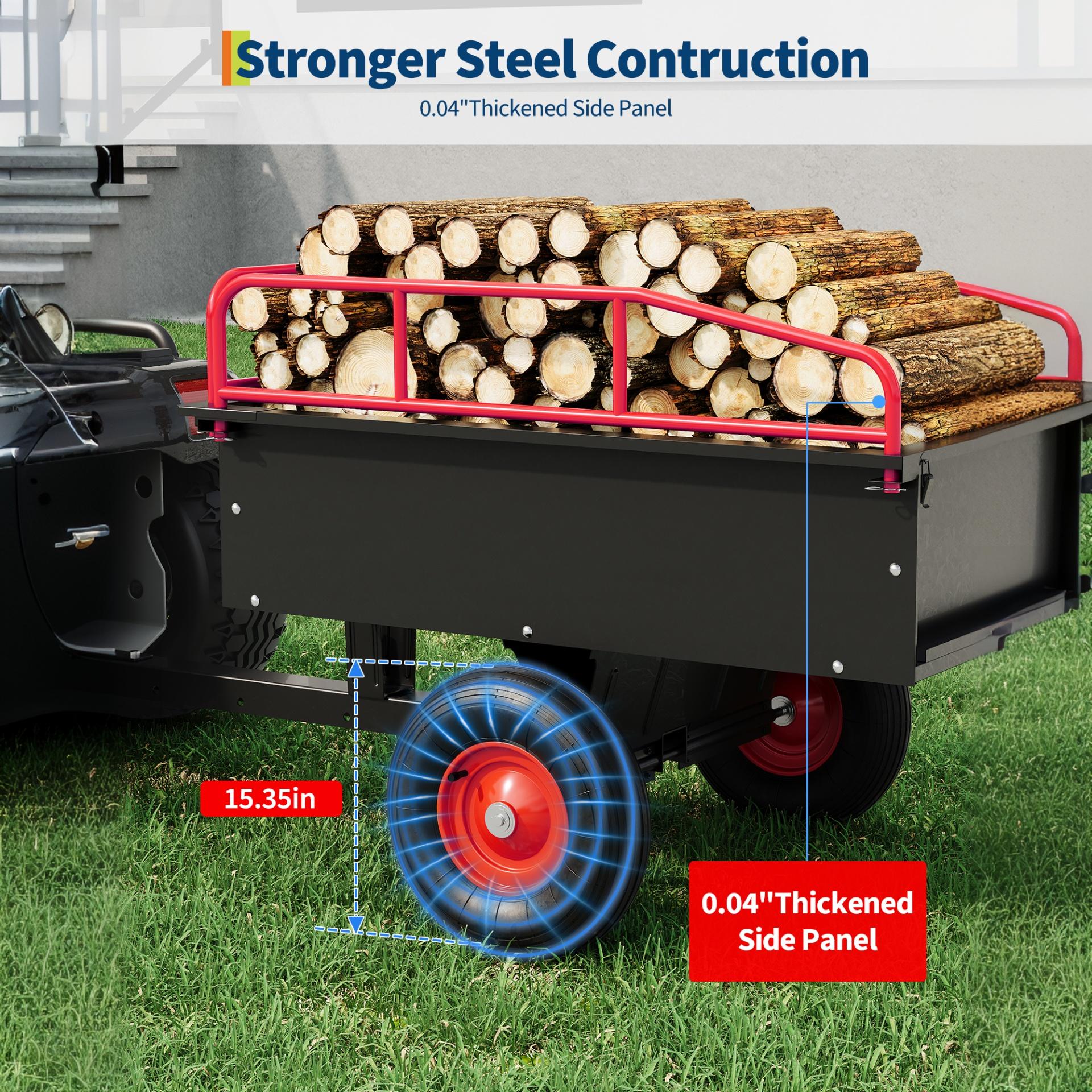 Garvee 750 LB Tow-Behind Steel Dump Cart, 15 Cu. Ft. Garden Wagon with 42.9 x 29.5 in Bed, Removable Rails & 15.35 in Tires, Black/Red