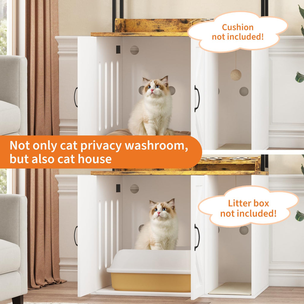 Garvee 55" H Cat Litter Box Enclosure Hidden Litter Box Furniture, Wooden Cat House with 2 Storage Shelves and Charging Sockets, Large Indoor Cabinet for Living Room Entryway, White