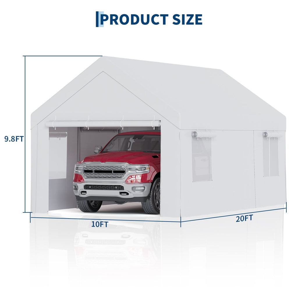 Garvee Portable Carport, 10 x 20 FT White Vehicle Shelter with Galvanized Steel Frame, 4 Roll-Up Doors and 4 Vent Windows for Cars, Trucks and Boats
