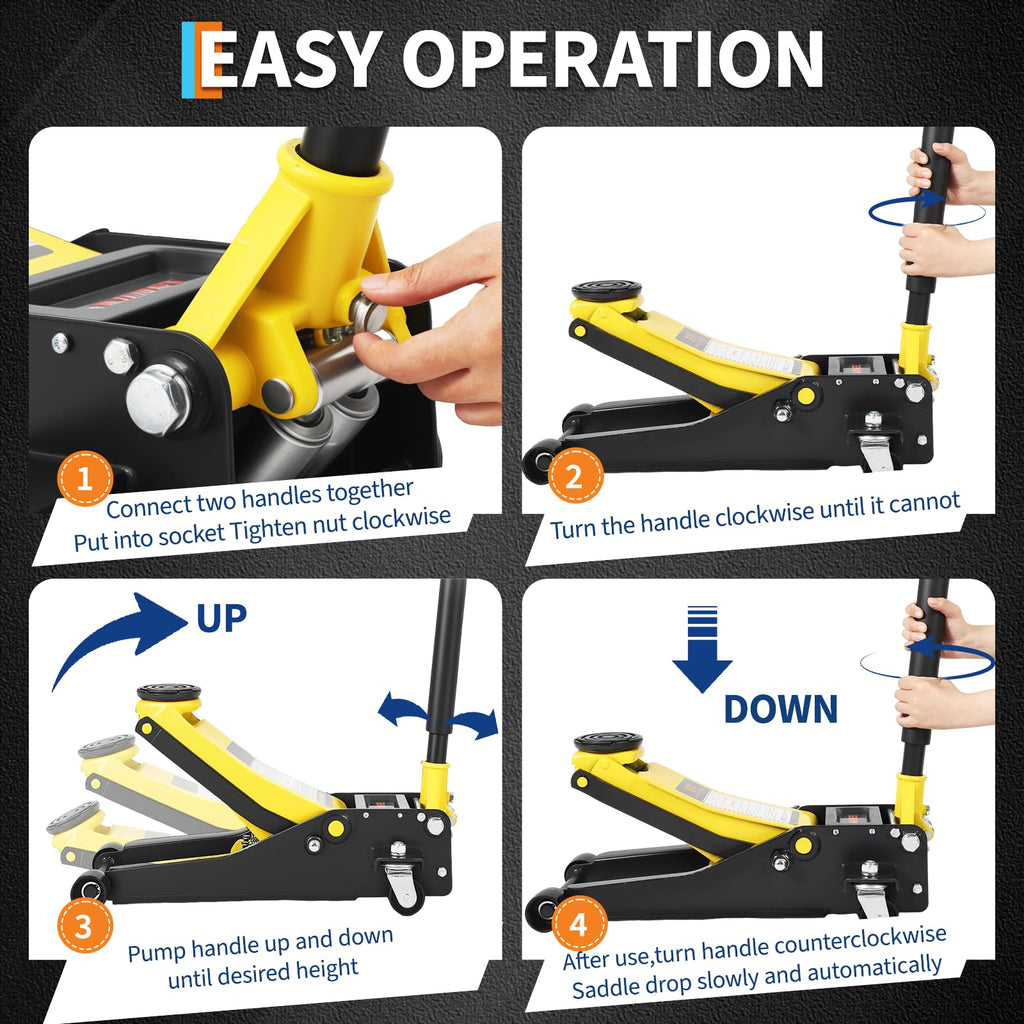 Garvee 3 Ton (6000lbs) Hydraulic Floor Jack - Low Profile Dual Piston Quick Lift - Heavy Duty Steel, Trolley Design - 2.95-15.35 in Lifting Range - For Car, SUV, Truck - Yellow + Black
