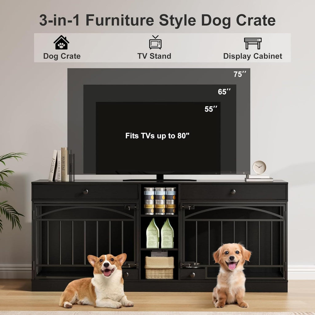 Garvee Dog Crate Furniture for 2 Dogs, 78.7" Large Dog Kennel Indoor with 2 Storage Drawers, 3 Shelves and Feeding Bowls, Double Dog Crate TV Stand for Small and Medium Dogs, Black