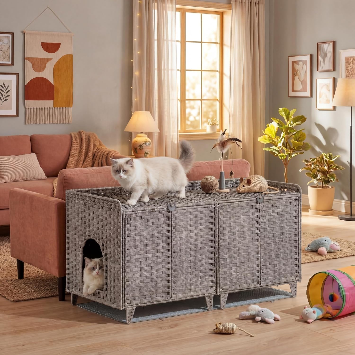 Garvee Double Litter Box Enclosure Furniture, Handwoven Rattan Litter Box Furniture for 2 Cats with Washable Litters Mat & 2 Hooks, Hidden Kitty Cat House for Living Room/Bedroom, Gray