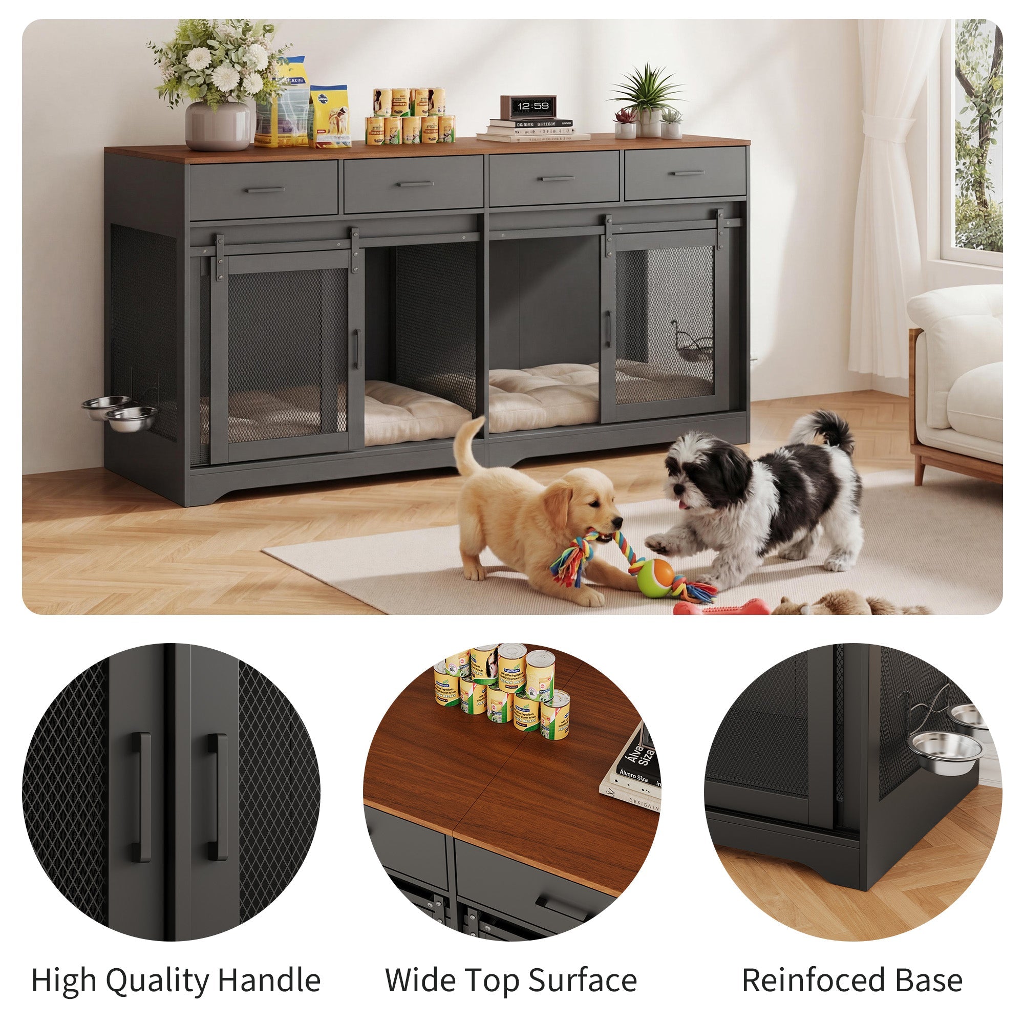Garvee Multi-Functional Dog Crate Furniture for Medium/Large Dogs – 71'' Indoor Kennel Cage with 4 Sliding Doors, 4 Drawers & Feeding Bowls – Furniture-Style, Walnut+Black – US Spec, Color: Walnut+Black