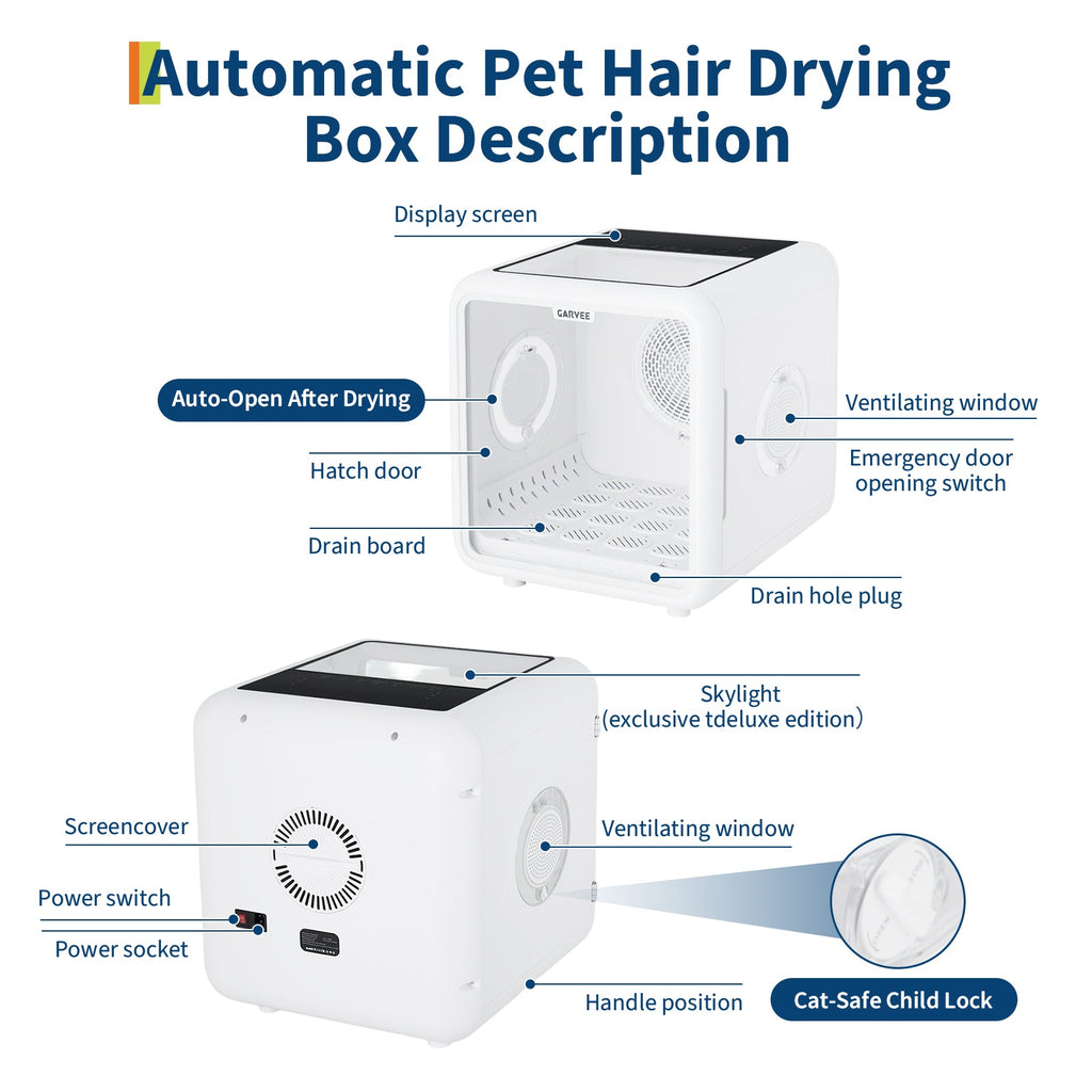Garvee 72L Pet Dryer Box for Cats & Small Dogs, 360° Airflow Drying Machine with Smart Temperature Control, Low Noise & LED Display, 5 Air Outlets, White