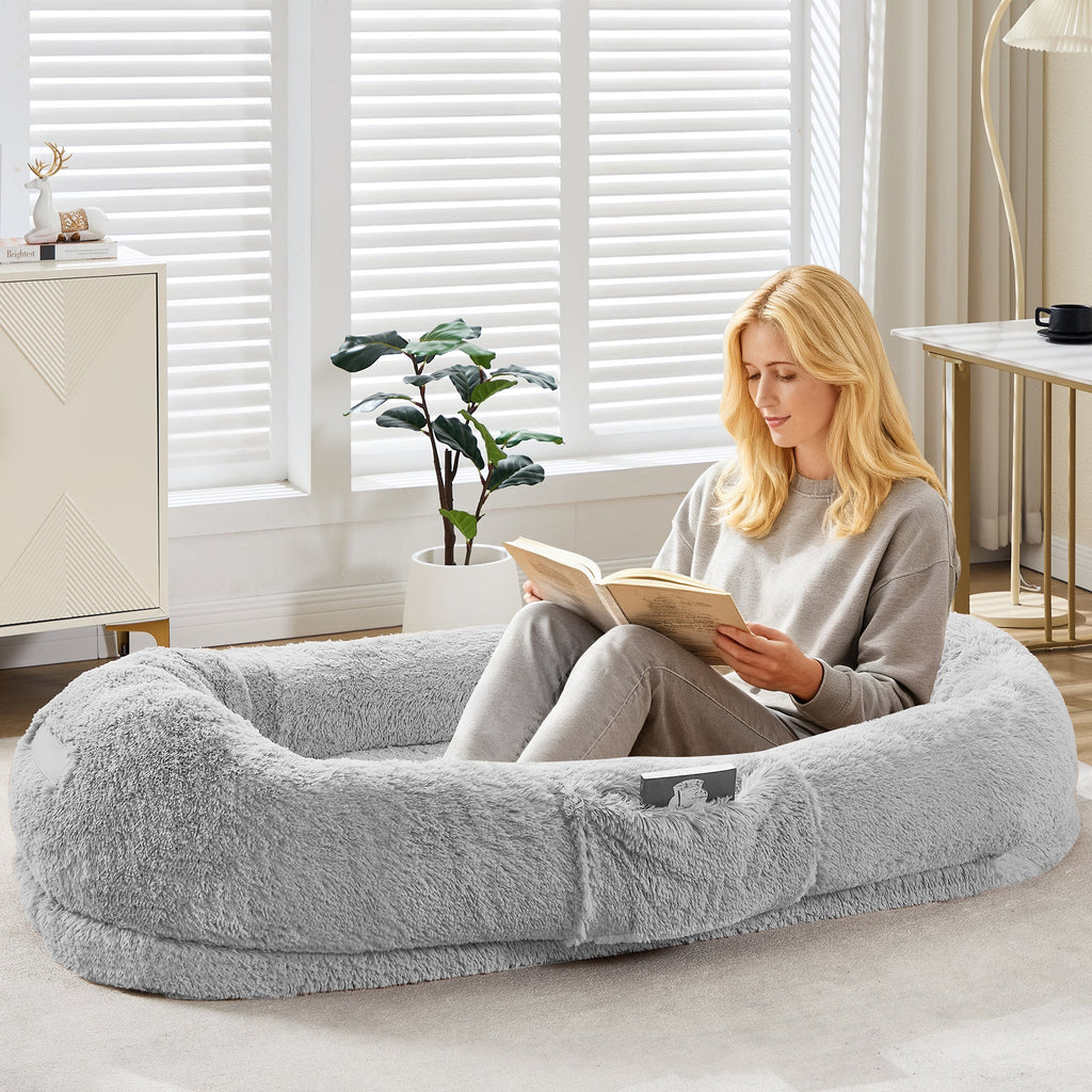 Garvee Orthopedic Memory Foam Dog Bed for Adults & Large Dogs – Oversized Calming Bean Bag Couch, Washable Faux Fur Cover, Side Pocket, Waterproof, Relaxing Nap Bed for Bedroom or Office – Light Gray