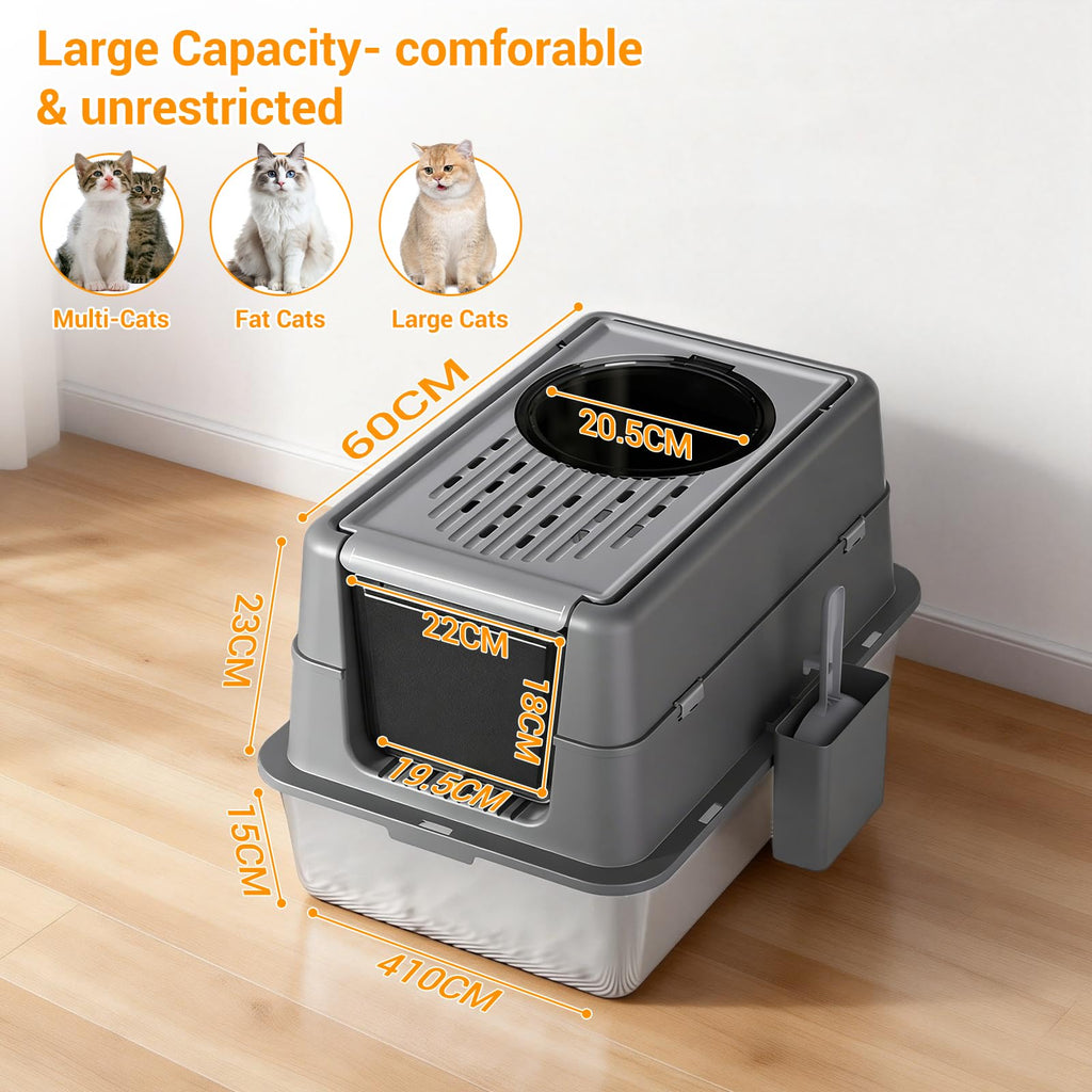 Garvee Extra Large Stainless Steel Cat Litter Box with Dual Entry, 180° Flip Top Lid, Enclosed Design for Odor Control & Privacy, Large Enclosed Odor Control Litter Box for Cats, 6" Deep Dark Gray