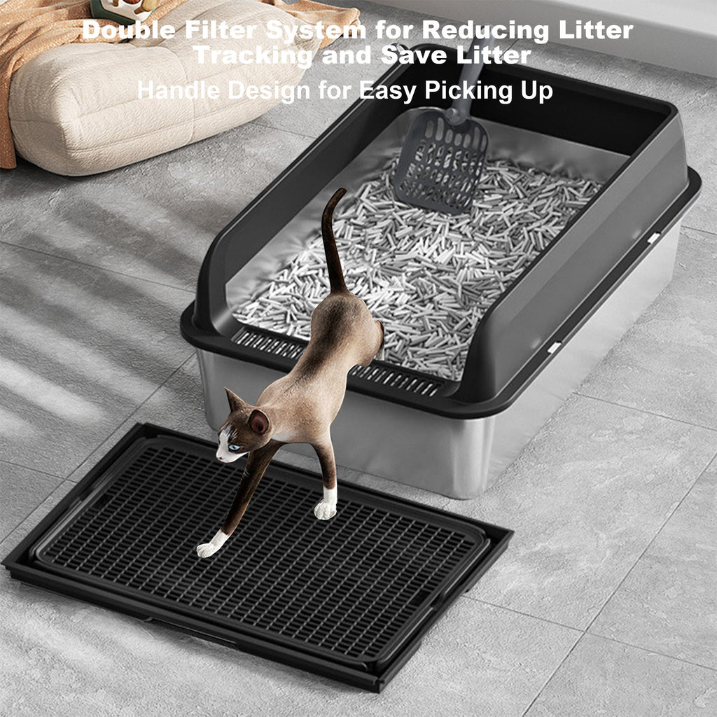 Garvee Stainless Steel Cat Litter Box with Lid, 23.6"x15.8"x11.8" Large Litter Box for Big Cats, Anti Leakage, Odor-Free & Easy Cleaning Metal Litter Pan Include Scoop, Non-Sticky with High Wall Sides-black