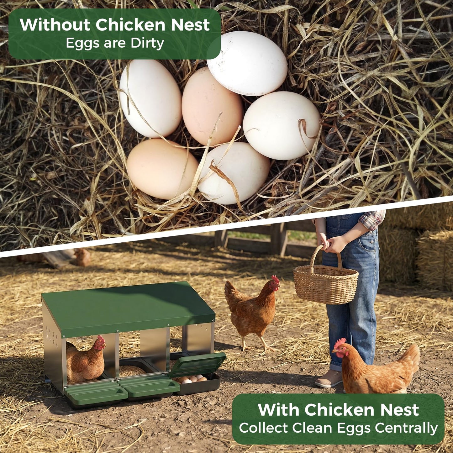 Garvee 3-Hole Metal Chicken Nesting Box, Roll Away Poultry Laying Box with Sloped Roof, 31.5"x20.5"x16.9", Green