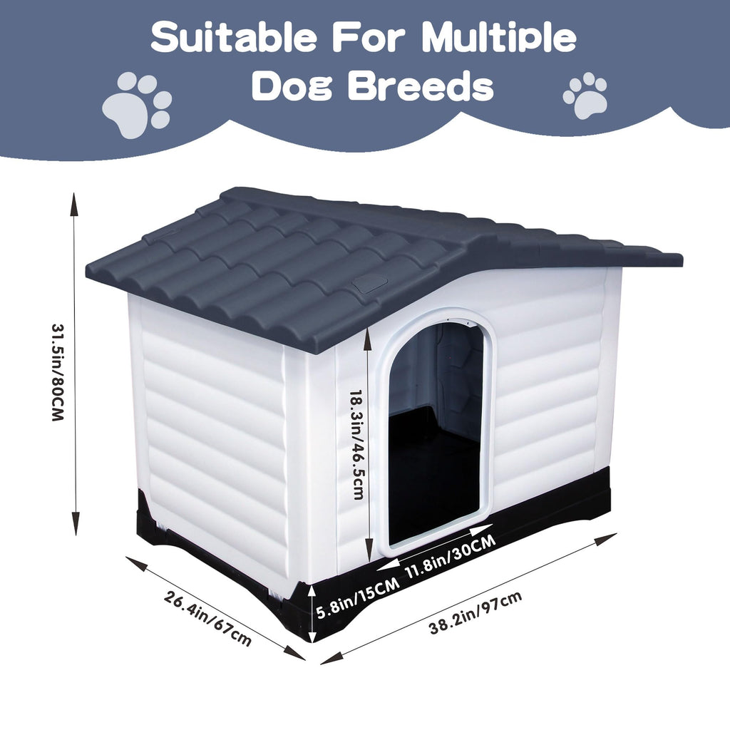 Garvee 2-Door Large Dog House for Indoor and Outdoor Dog House with Fold-Out Porch Elevated Base, Waterproof Pet House for Small and Medium Dogs, Easy Assembly, Gray (38''L x 26''W x 31''H)