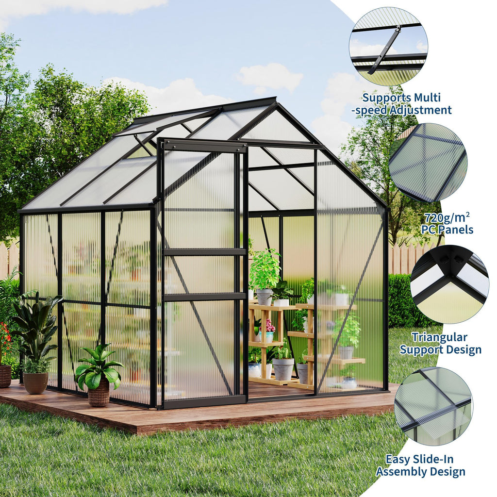 Garvee 6 x 6 FT Polycarbonate Greenhouse with Aluminum Frame, Sliding Door & Adjustable Roof Vent, Heavy-Duty Outdoor Greenhouse for Backyard, Garden, Patio