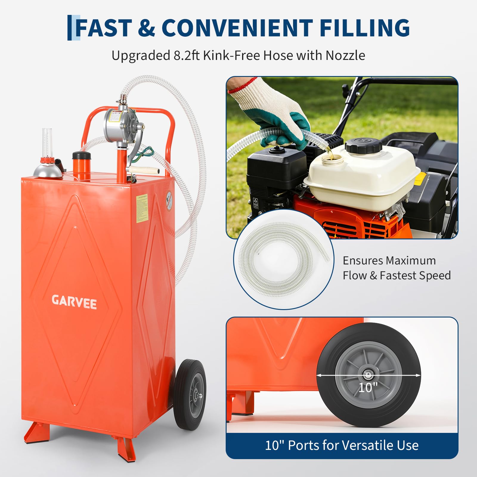 Garvee 35 Gallon Portable Fuel Gas Caddy Storage Tank – Reinforced 2-Wheel, 2-Support Design, Manual Rotary Pump, Fuel Hose, Wide Fill Neck, Level Gauge, Grounding Clamp – Mobile Gasoline/Fuel Transfer Tank for ATV, Tractor, Lawn Mower, Car, Boat –