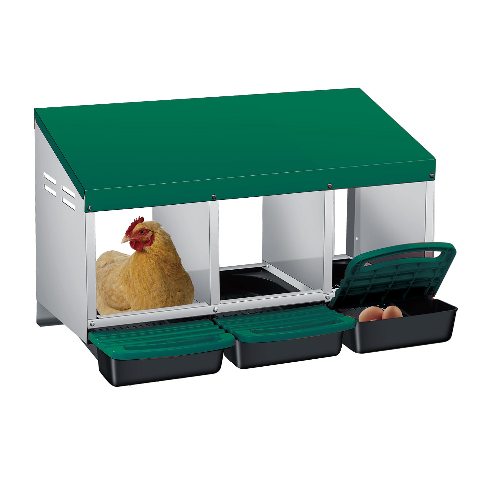 Garvee 3-Compartment Galvanized Steel Chicken Nesting Box – Roll-Away Tray & Support Stand, Green
