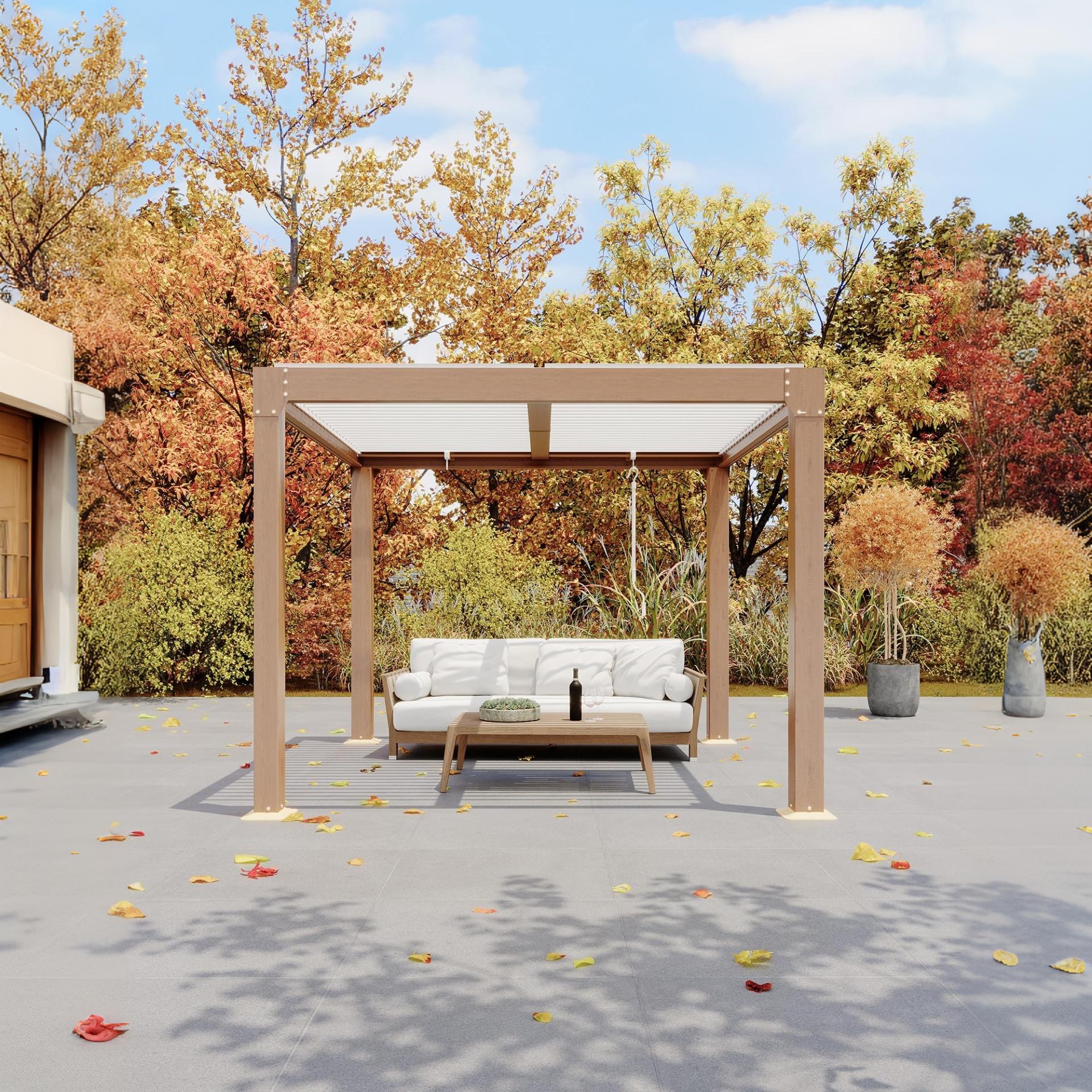 Garvee 10 x 10 FT Louvered Pergola, 0°–90° Adjustable Aluminum Roof Gazebo with Integrated Drainage, Reinforced Frame for Patio, Deck & Backyard, Wood Grain