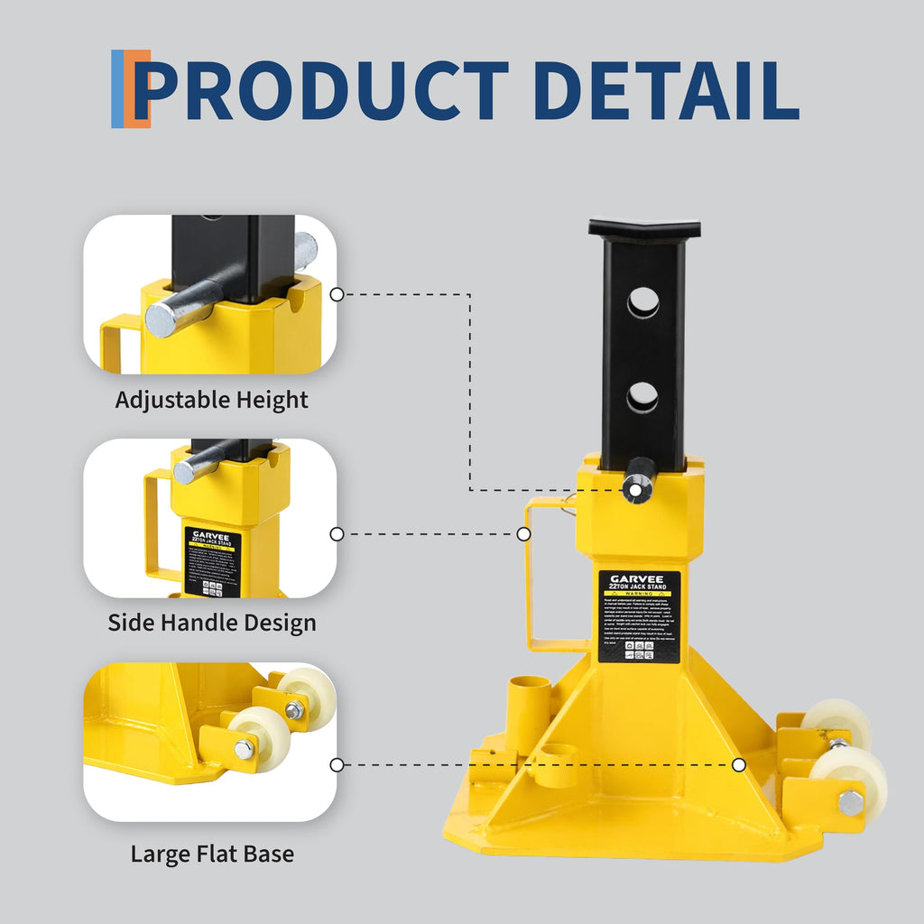 Garvee 22 Ton Jack Stands, Heavy-Duty Pin-Type Car Jack Stands with Lock, 2 Caster Wheels, Wide Base Safety Design, Adjustable Height (13.8"-19.7") for Trucks, Trailers, and Equipment, Yellow