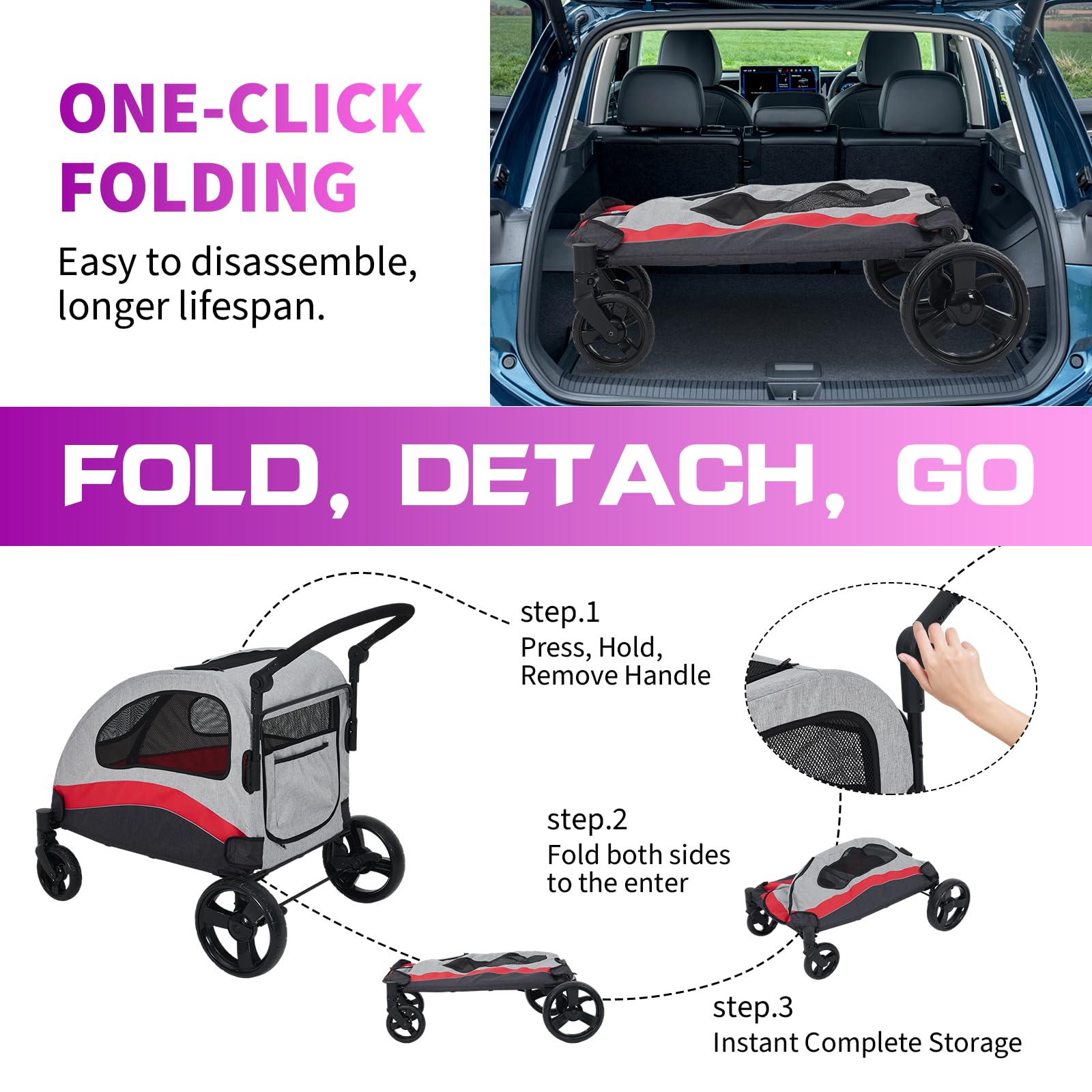 Garvee Foldable Dog Stroller, Large Dog Carrier with 360° Wheels, Adjustable Handle & Storage Pocket, Portable Puppy Travel Strollers, Pet Wagon for Large Dogs, 135 Lbs Capacity, Red