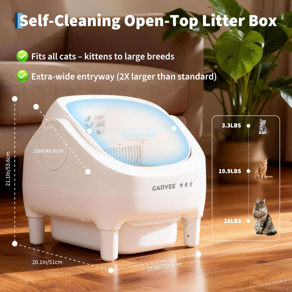 Garvee Self-Cleaning Cat Litter Box with App Control, Automatic Litter Box with Odor-Free 10.5L Bin, Whisper-Quiet, 7-Layer Safety, Open-Top Design for Large & Multiple Cats, White