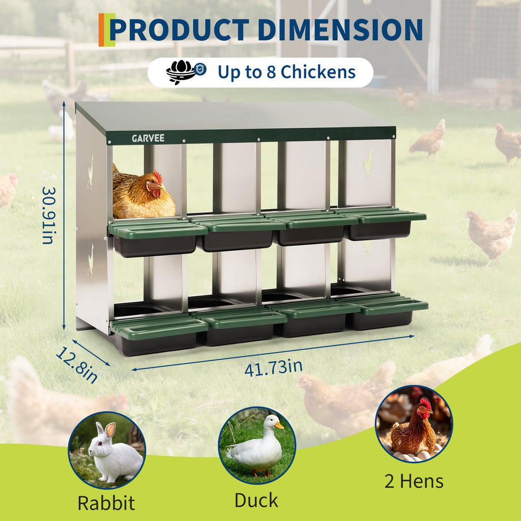 Garvee 8-Compartment Metal Chicken Nesting Box, Roll Away Layering Box with Sloped Anti-Perch Roof, 41.7"x12.8"x30.9", Green