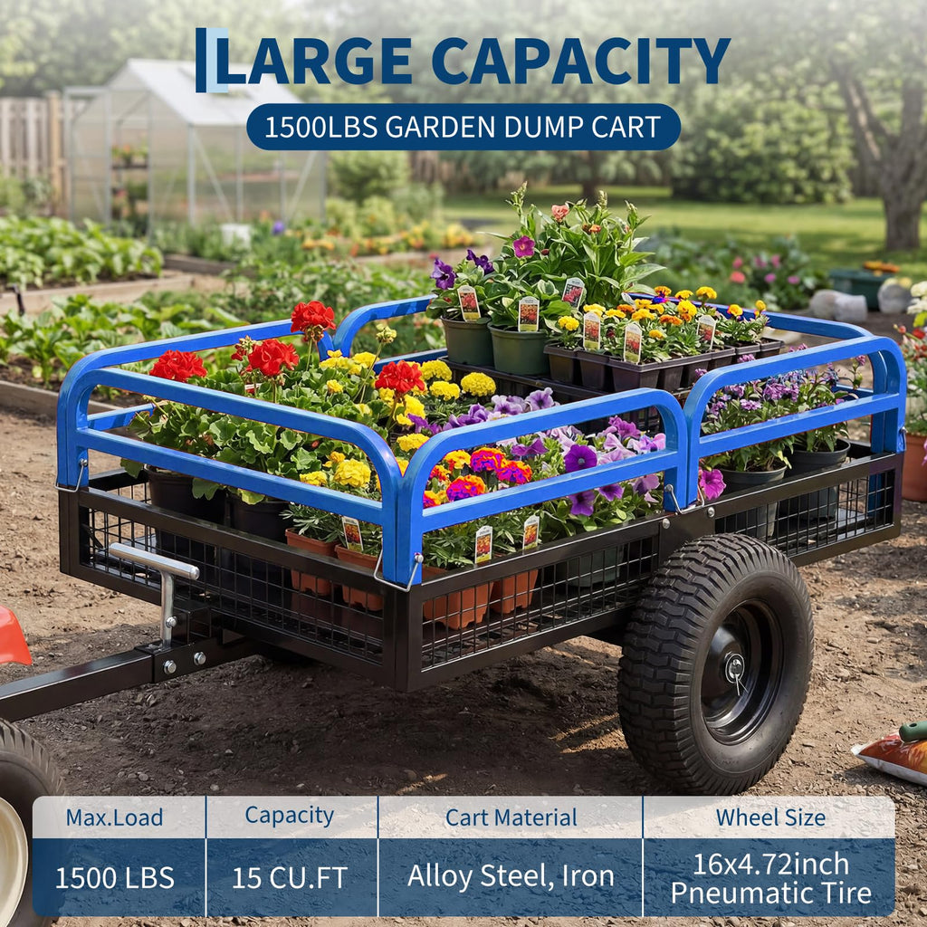 Garvee Blue Dump Cart, 1500 lbs 15 Cu Ft Heavy Duty Steel Garden Utility Trailer with Removable Sides, Quick Release & Pneumatic Tires for Lawn Mower, ATV, UTV, Tractor
