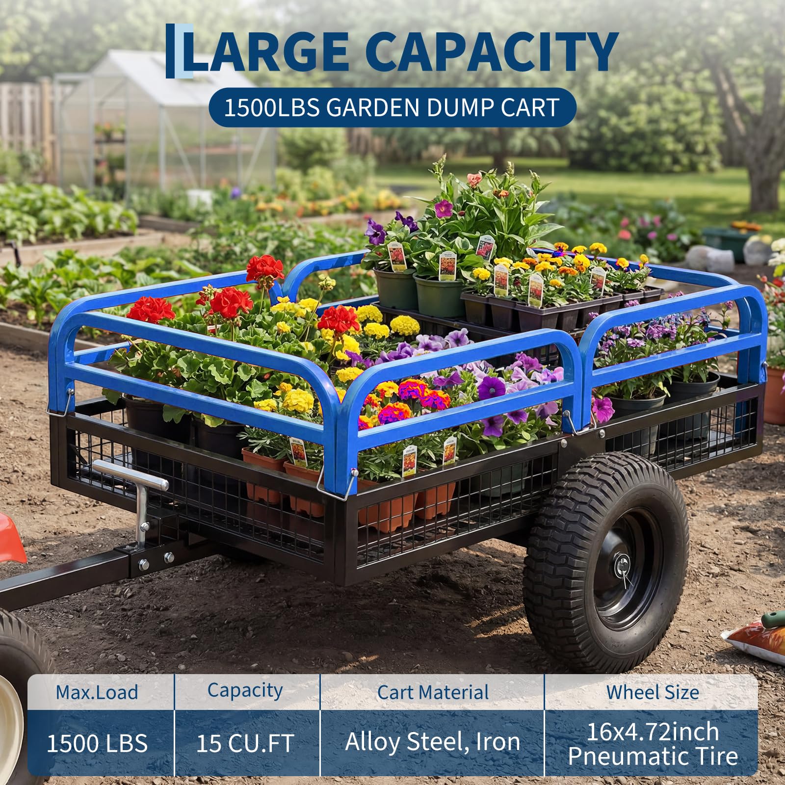 Garvee Blue Dump Cart, 1500 lbs 15 Cu Ft Heavy Duty Steel Garden Utility Trailer with Removable Sides, Quick Release & Pneumatic Tires for Lawn Mower, ATV, UTV, Tractor