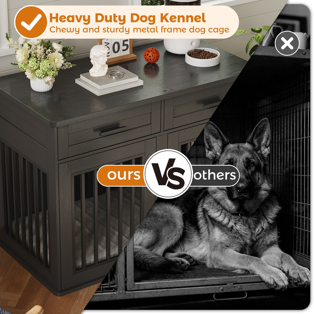 Garvee 44.5 Inch Large Dog Crate Furniture with 2 Storage Drawers,Wooden Dog Kennel Furniture As End Table, Decorative Pet Cage Dog House Indoor for Medium/Large Dogs, Chew-Proof